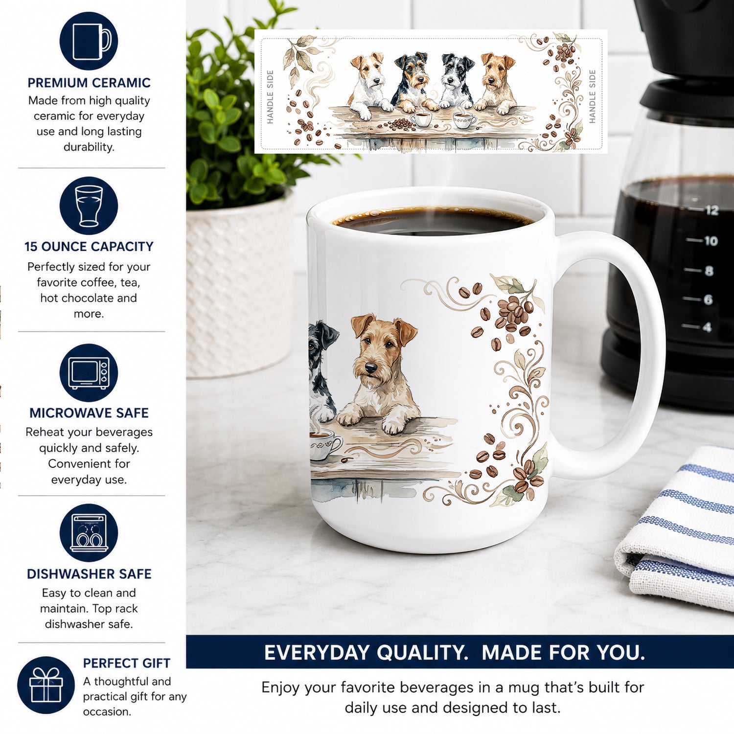Wire Fox Terriers Morning Coffee Ceramic Coffee Mug 15 oz Decorative Large C Handle Mug Cup for Tea, Cocoa Hot Chocolate