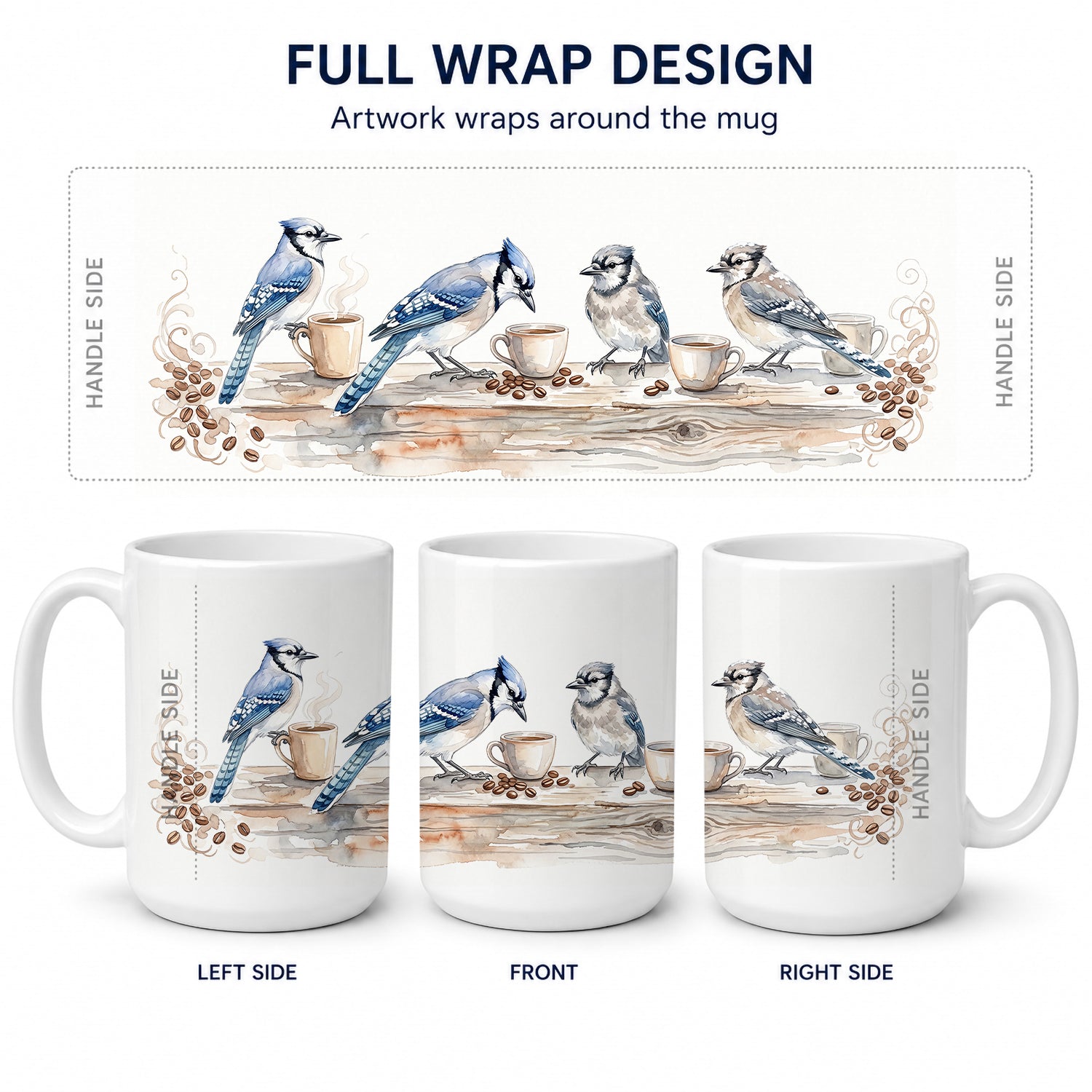 Blue Jays Morning Coffee Ceramic Coffee Mug 15 oz Decorative Large C Handle Mug Cup for Tea, Cocoa Hot Chocolate