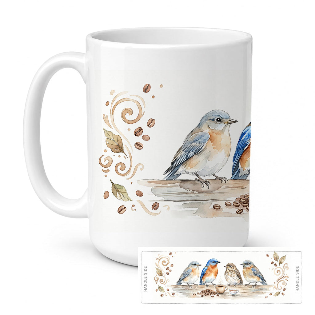 Bluebirds Morning Coffee Ceramic Coffee Mug 15 oz Decorative Large C Handle Mug Cup for Tea, Cocoa Hot Chocolate