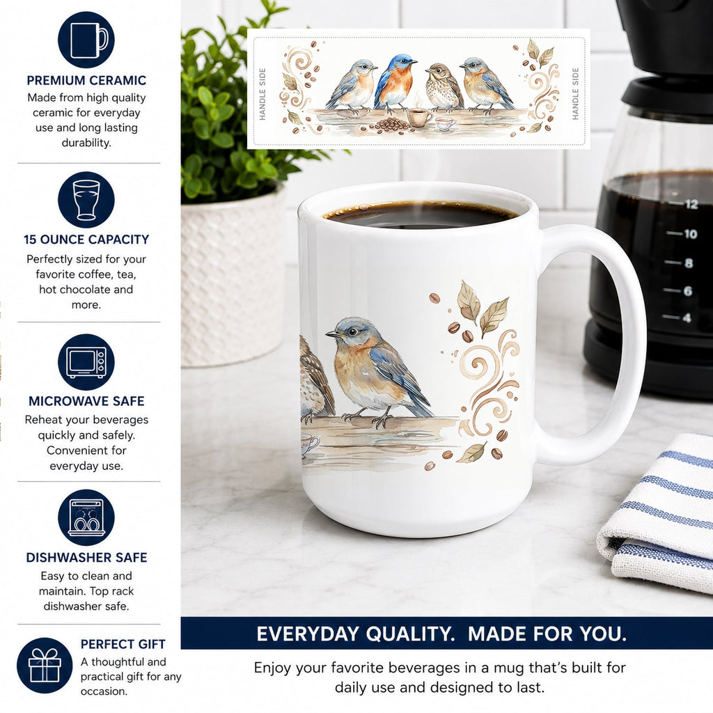 Bluebirds Morning Coffee Ceramic Coffee Mug 15 oz Decorative Large C Handle Mug Cup for Tea, Cocoa Hot Chocolate