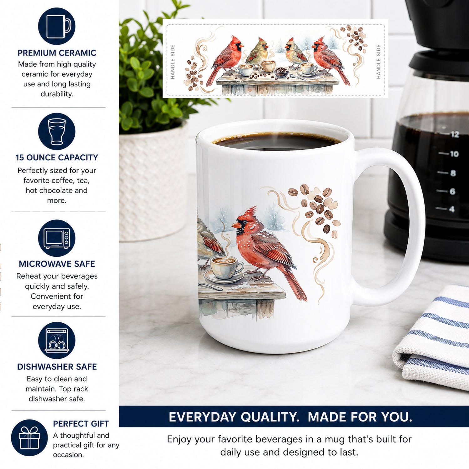 Cardinals Winter Morning Coffee Ceramic Coffee Mug 15 oz Decorative Large C Handle Mug Cup for Tea, Cocoa Hot Chocolate