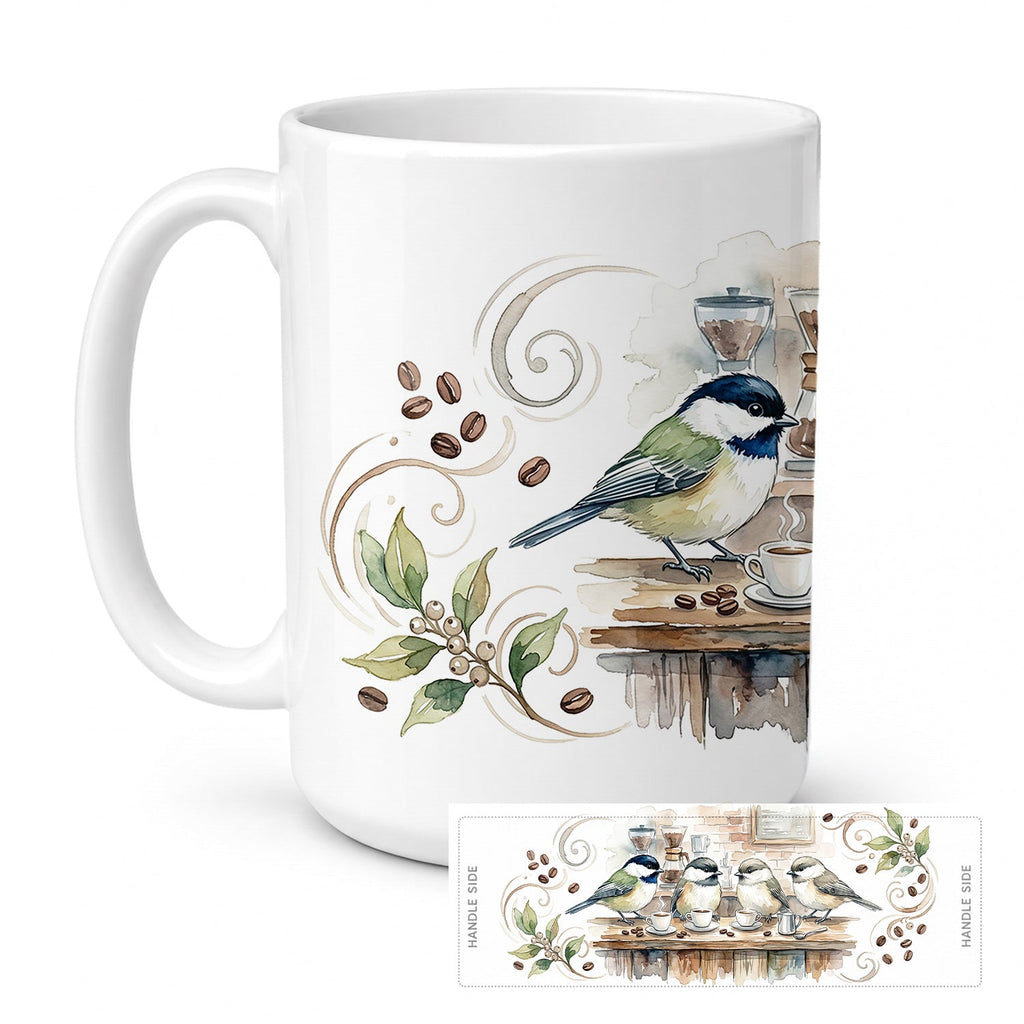 Chickadees Coffee Counter Morning Coffee Ceramic Coffee Mug 15 oz Decorative Large C Handle Mug Cup for Tea, Cocoa Hot Chocolate