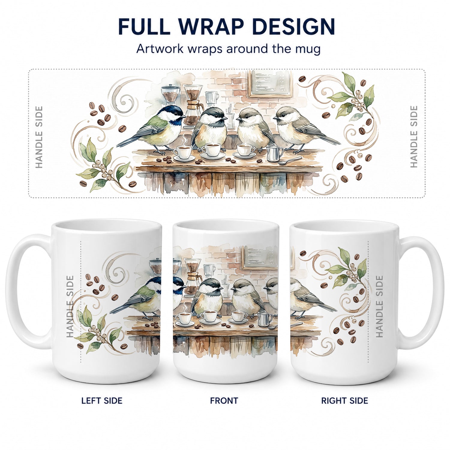 Chickadees Coffee Counter Morning Coffee Ceramic Coffee Mug 15 oz Decorative Large C Handle Mug Cup for Tea, Cocoa Hot Chocolate