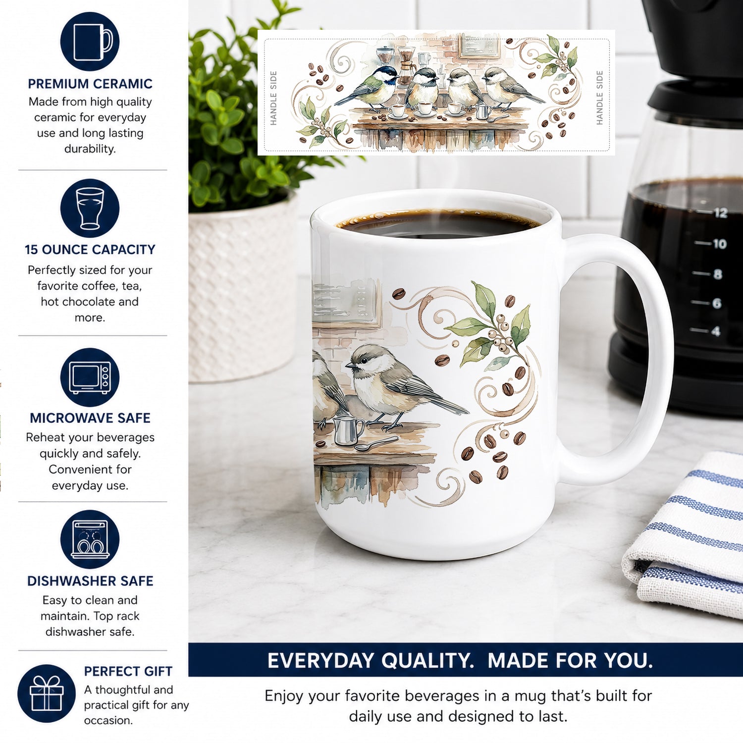 Chickadees Coffee Counter Morning Coffee Ceramic Coffee Mug 15 oz Decorative Large C Handle Mug Cup for Tea, Cocoa Hot Chocolate