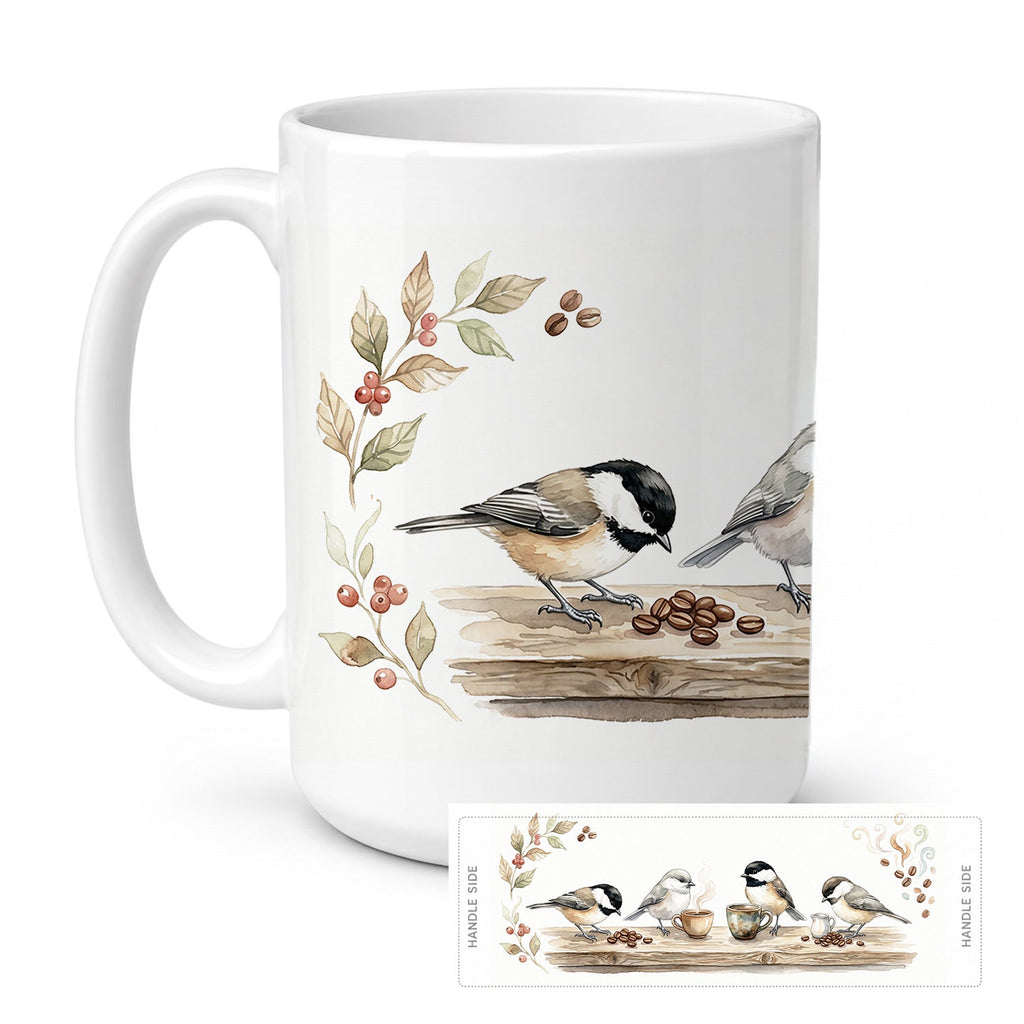 Chickadees Botanical Perch Morning Coffee Ceramic Coffee Mug 15 oz Decorative Large C Handle Mug Cup for Tea, Cocoa Hot Chocolate