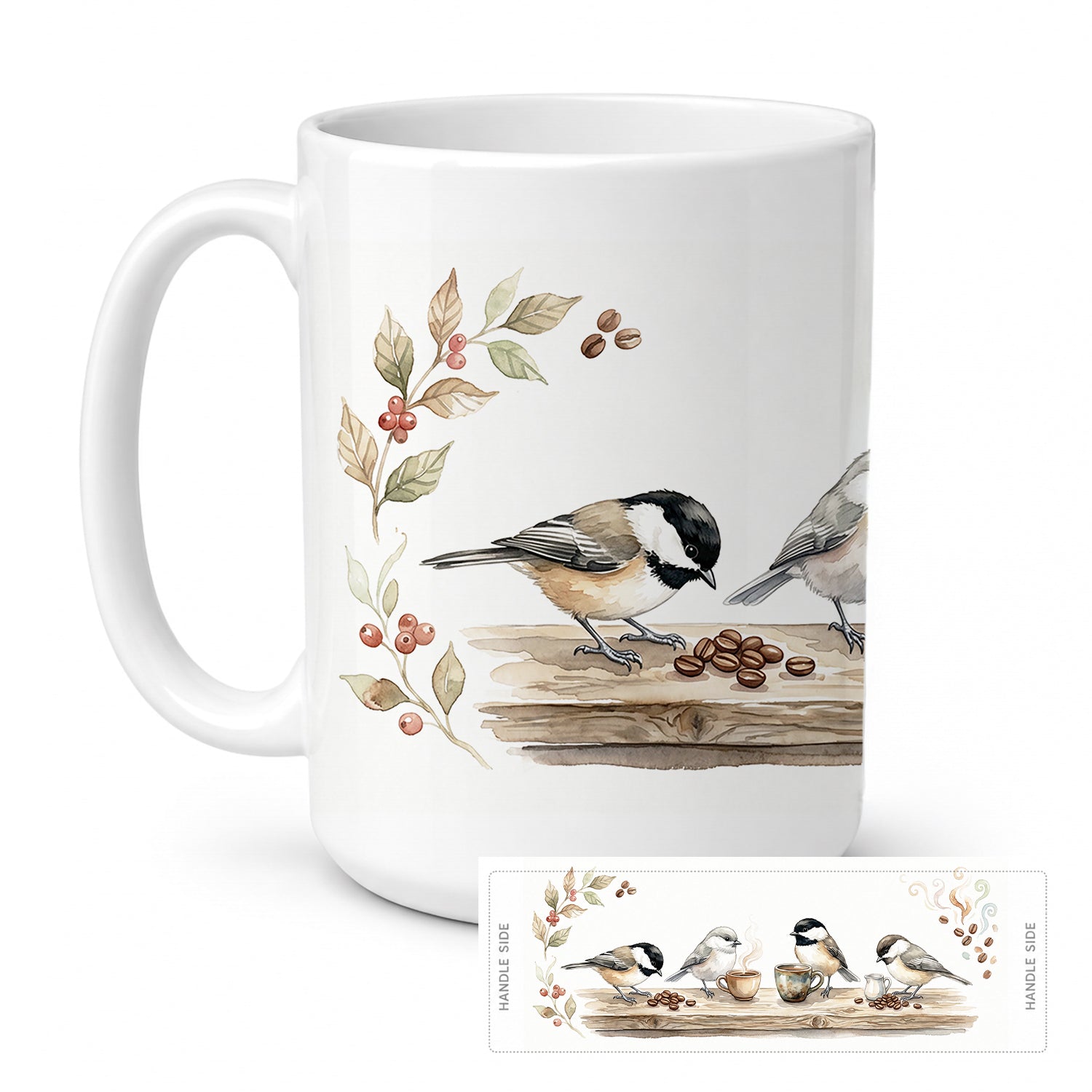 Chickadees Botanical Perch Morning Coffee Ceramic Coffee Mug 15 oz Decorative Large C Handle Mug Cup for Tea, Cocoa Hot Chocolate
