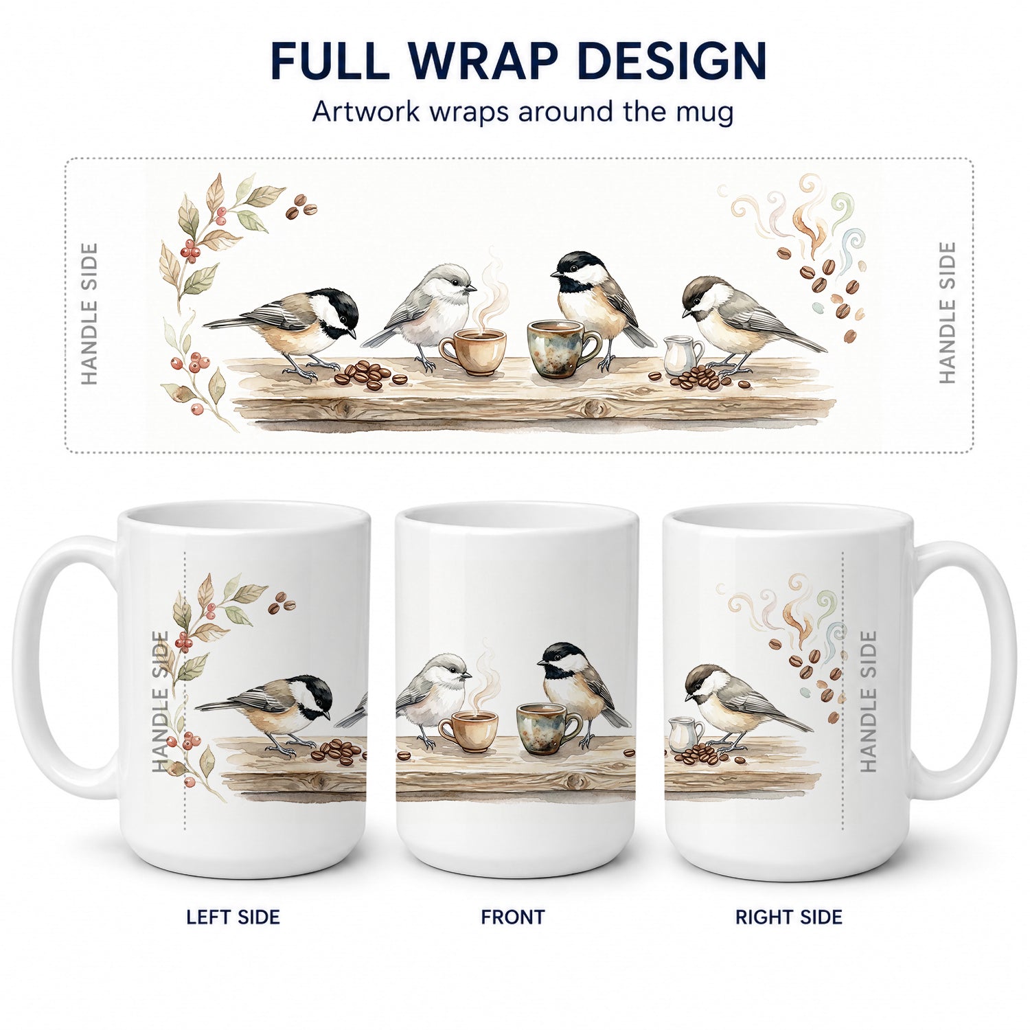 Chickadees Botanical Perch Morning Coffee Ceramic Coffee Mug 15 oz Decorative Large C Handle Mug Cup for Tea, Cocoa Hot Chocolate
