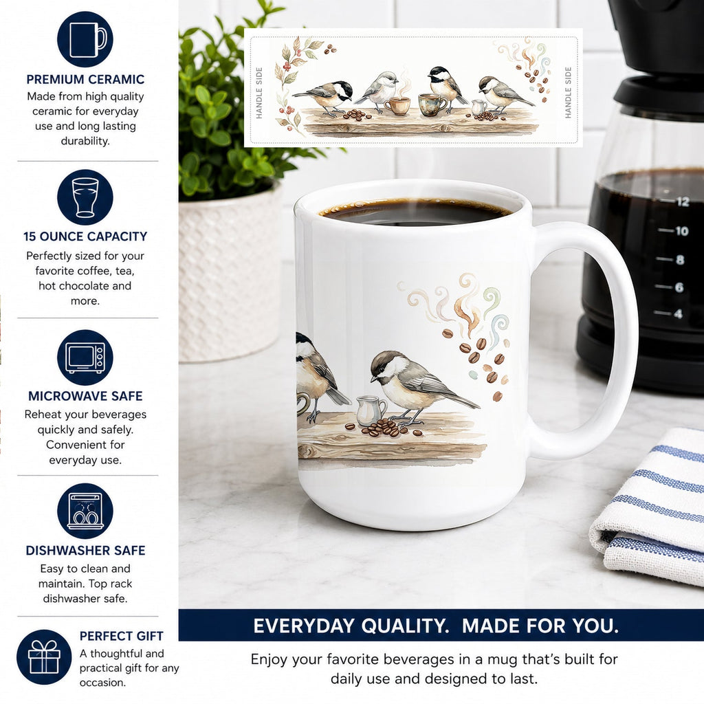 Chickadees Botanical Perch Morning Coffee Ceramic Coffee Mug 15 oz Decorative Large C Handle Mug Cup for Tea, Cocoa Hot Chocolate