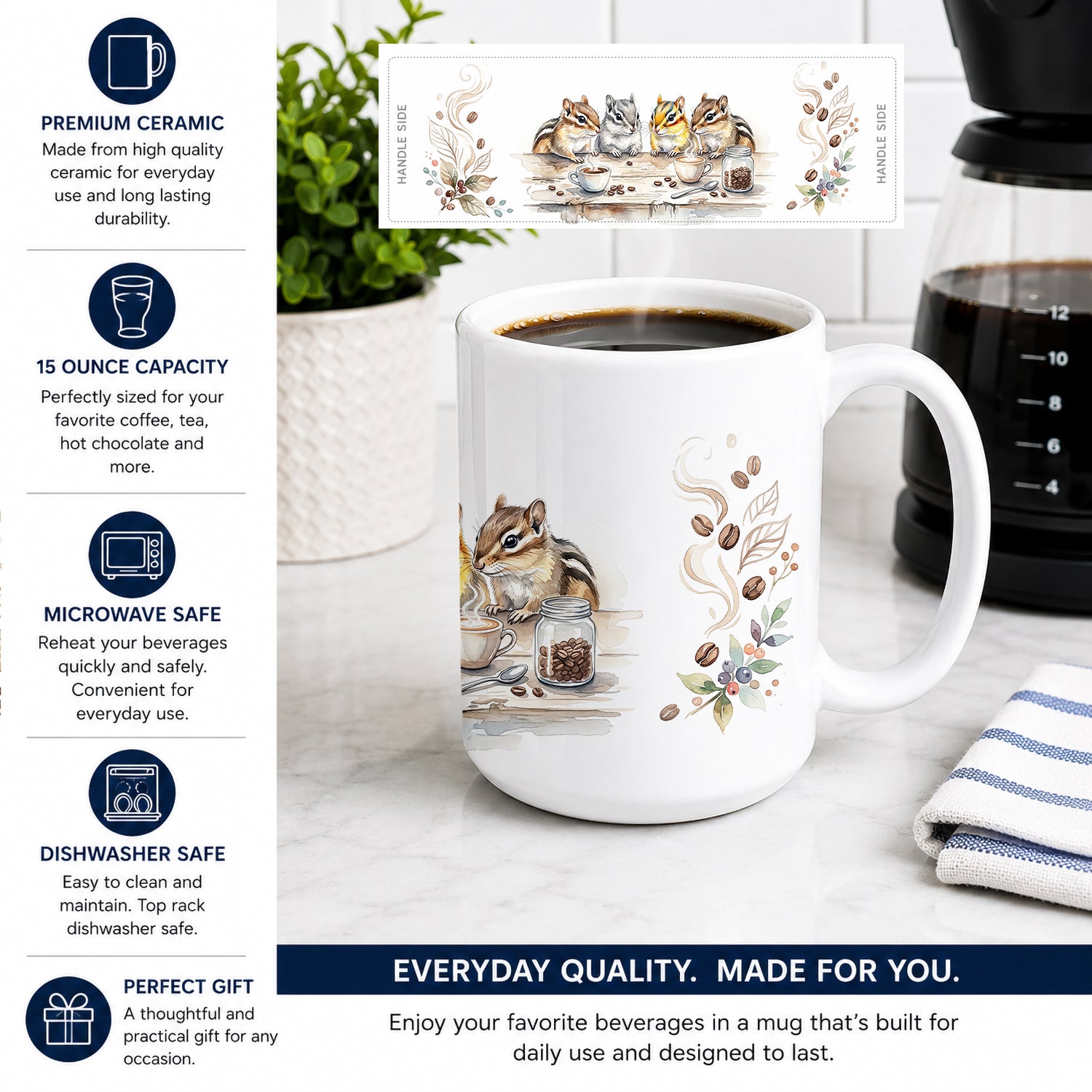 Chipmunks Morning Coffee Ceramic Coffee Mug 15 oz Decorative Large C Handle Mug Cup for Tea, Cocoa Hot Chocolate