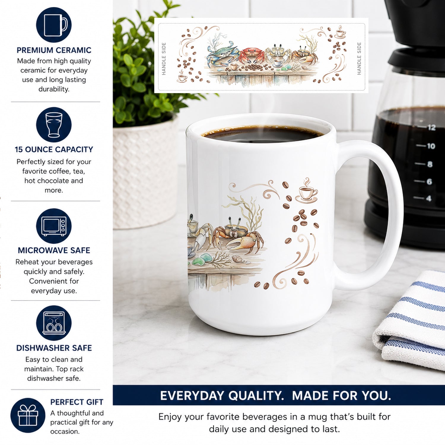 Crabs Morning Coffee Ceramic Coffee Mug 15 oz Decorative Large C Handle Mug Cup for Tea, Cocoa Hot Chocolate