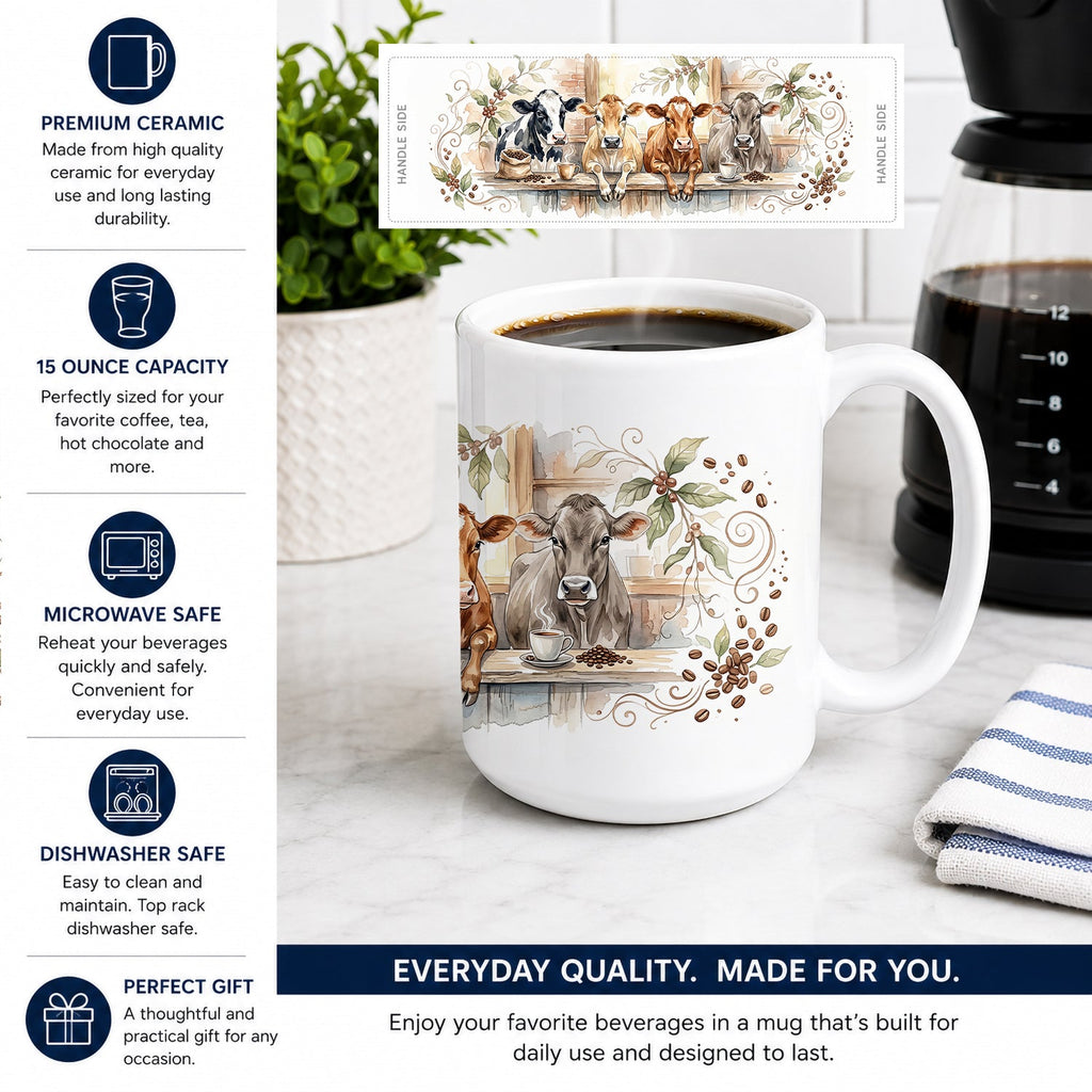 Dairy Cows Morning Coffee Ceramic Coffee Mug 15 oz Decorative Large C Handle Mug Cup for Tea, Cocoa Hot Chocolate