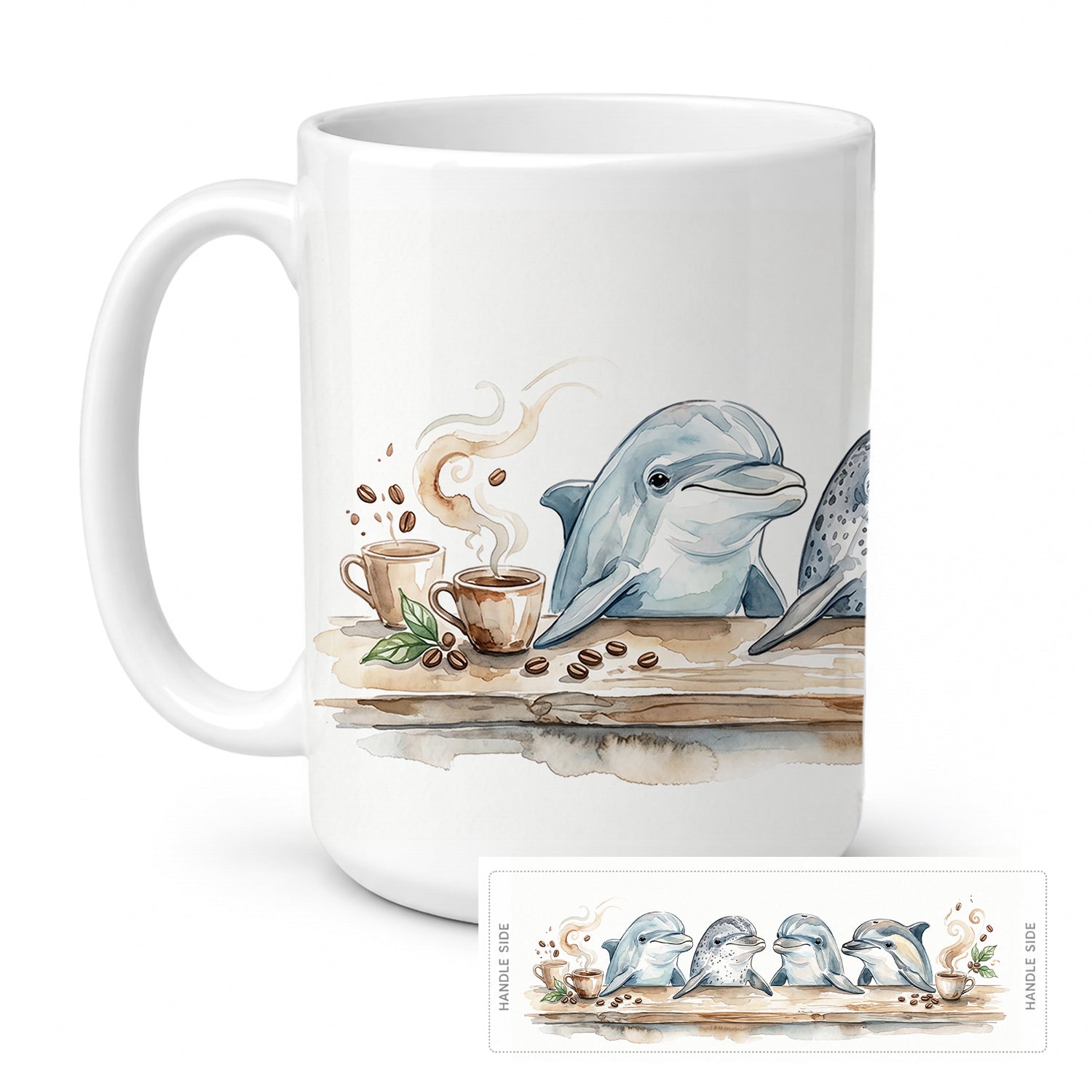 Dolphins Morning Coffee Ceramic Coffee Mug 15 oz Decorative Large C Handle Mug Cup for Tea, Cocoa Hot Chocolate