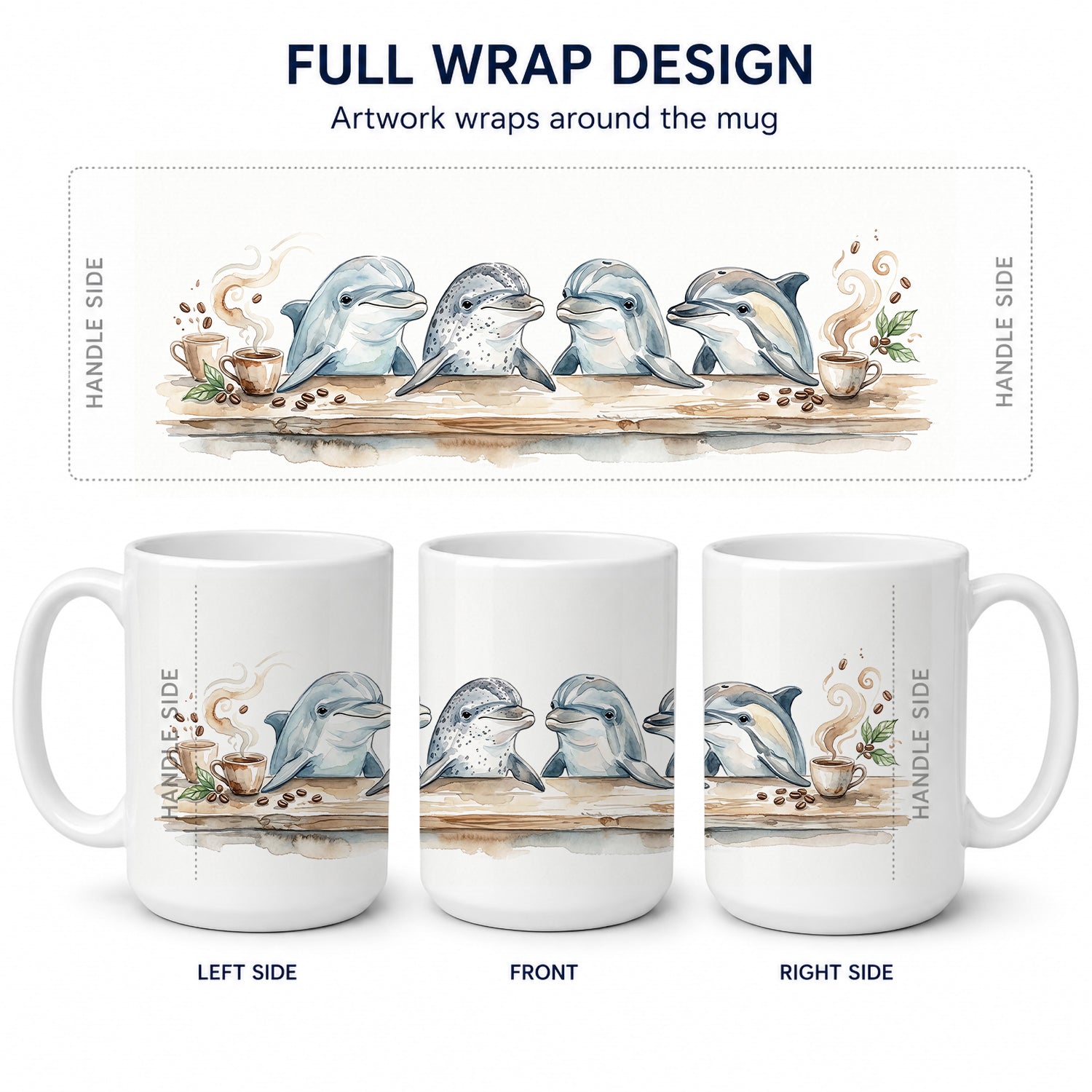 Dolphins Morning Coffee Ceramic Coffee Mug 15 oz Decorative Large C Handle Mug Cup for Tea, Cocoa Hot Chocolate