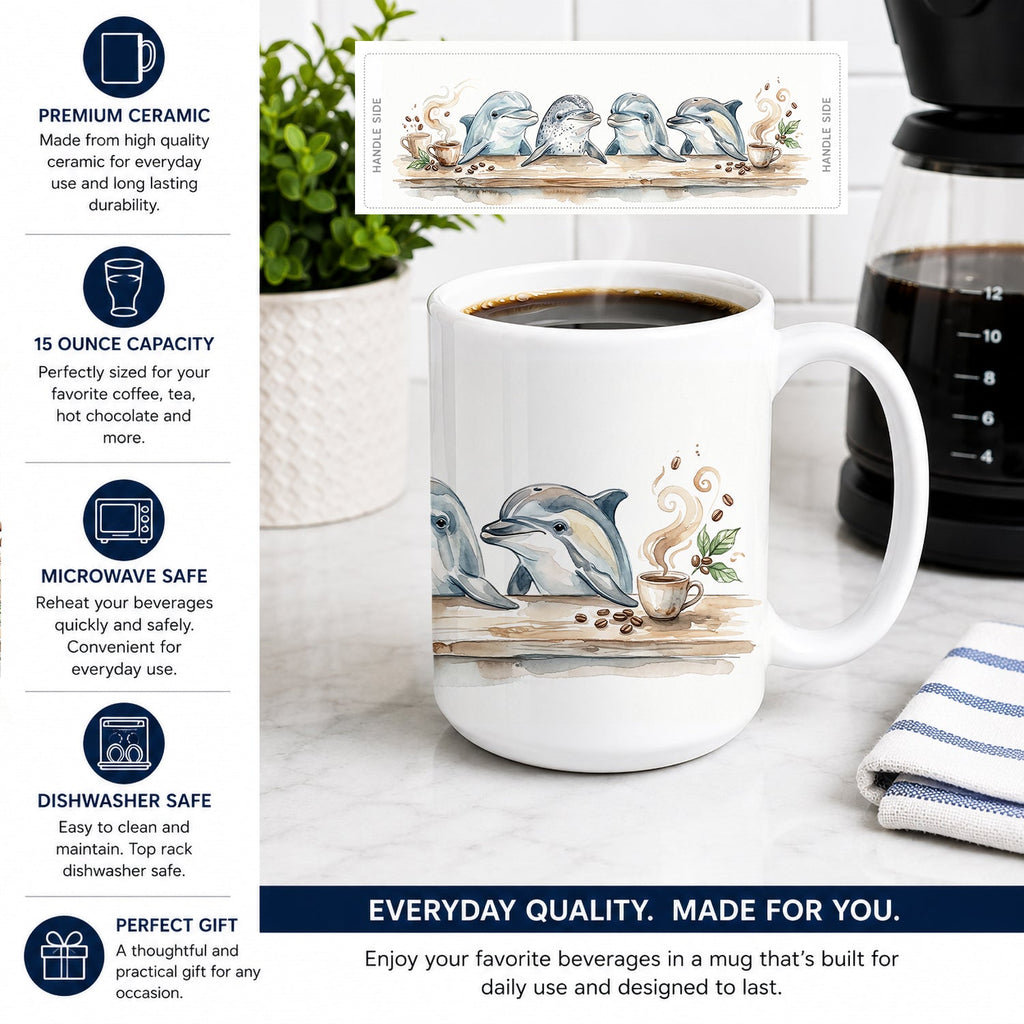 Dolphins Morning Coffee Ceramic Coffee Mug 15 oz Decorative Large C Handle Mug Cup for Tea, Cocoa Hot Chocolate
