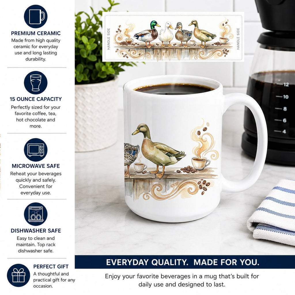 Ducks Morning Coffee Ceramic Coffee Mug 15 oz Decorative Large C Handle Mug Cup for Tea, Cocoa Hot Chocolate