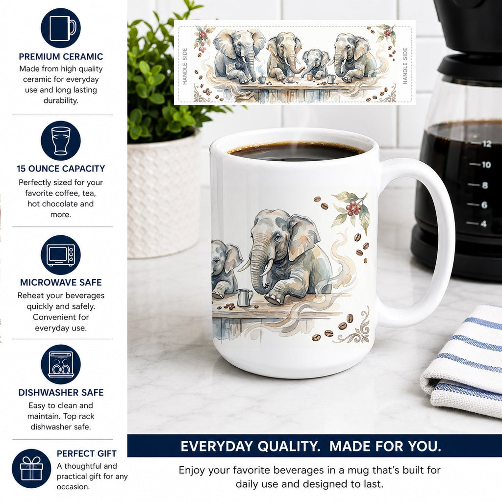 Elephants Morning Coffee Ceramic Coffee Mug 15 oz Decorative Large C Handle Mug Cup for Tea, Cocoa Hot Chocolate