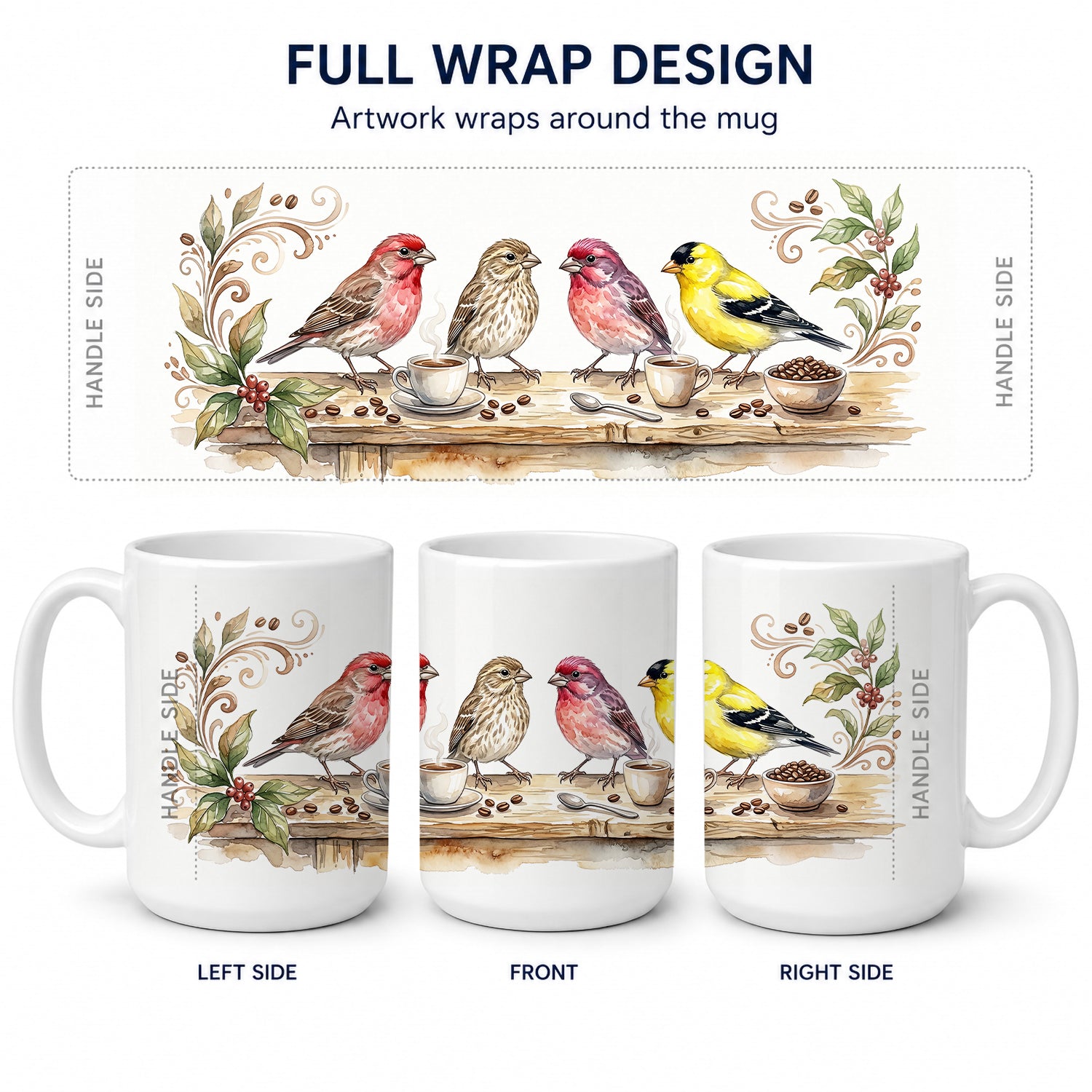 Finches Morning Coffee Ceramic Coffee Mug 15 oz Decorative Large C Handle Mug Cup for Tea, Cocoa Hot Chocolate