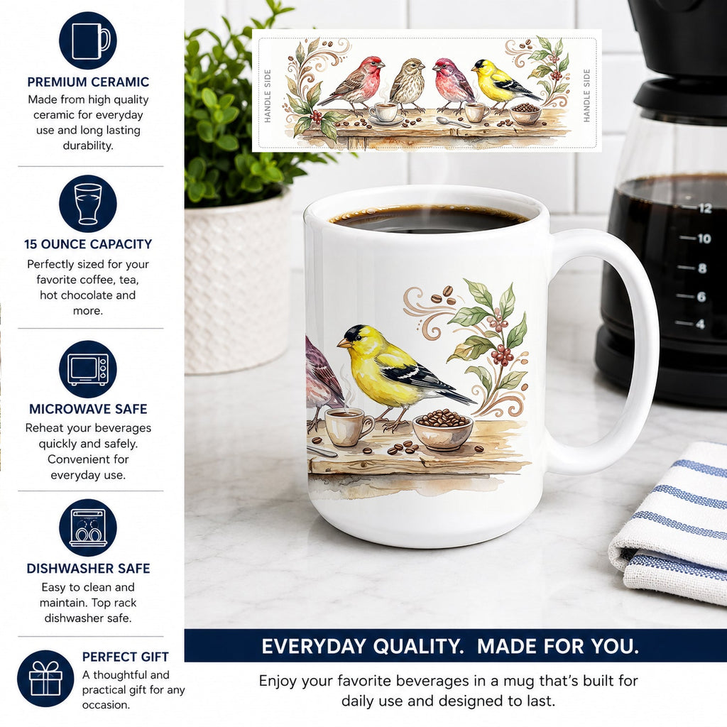 Finches Morning Coffee Ceramic Coffee Mug 15 oz Decorative Large C Handle Mug Cup for Tea, Cocoa Hot Chocolate