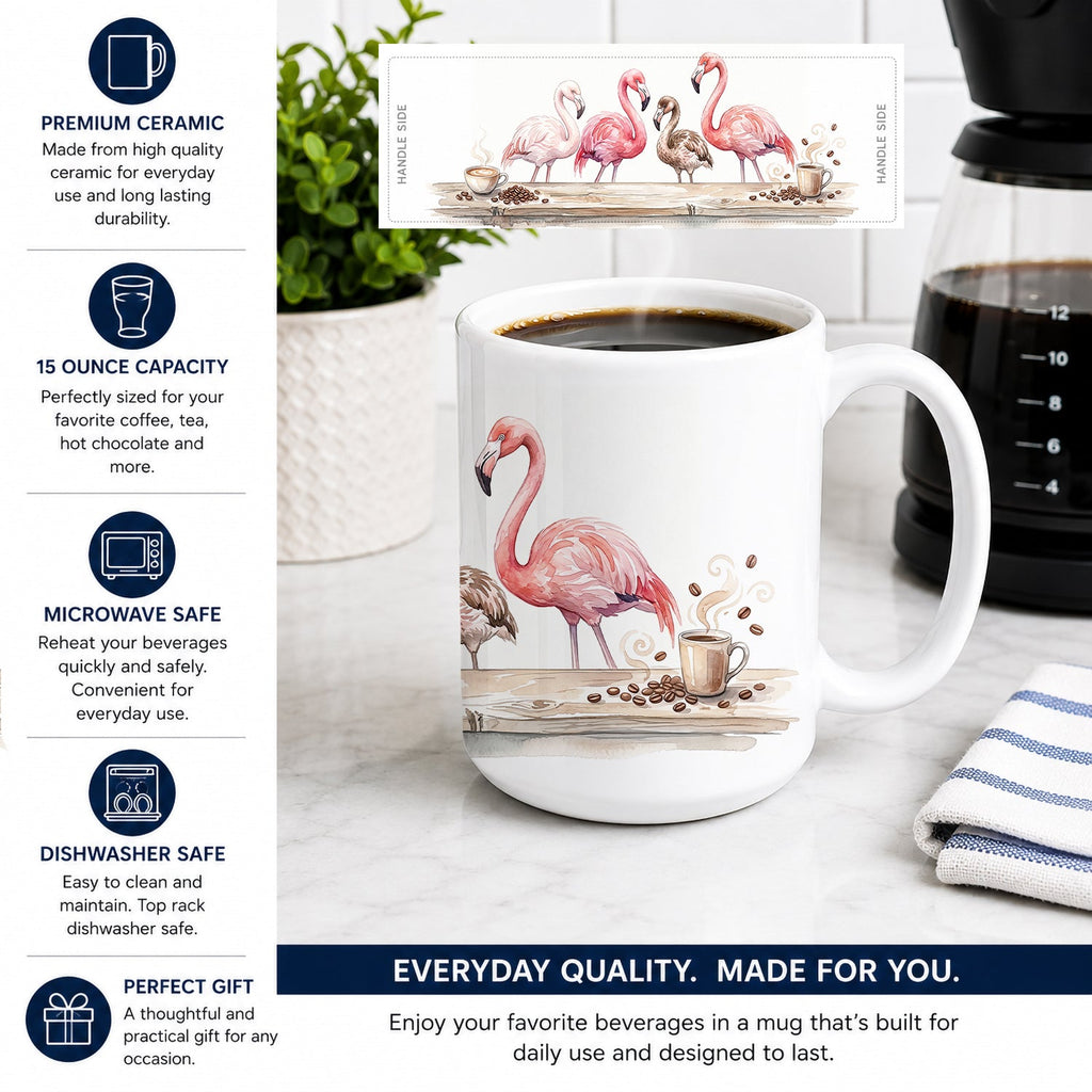 Flamingos Morning Coffee Ceramic Coffee Mug 15 oz Decorative Large C Handle Mug Cup for Tea, Cocoa Hot Chocolate