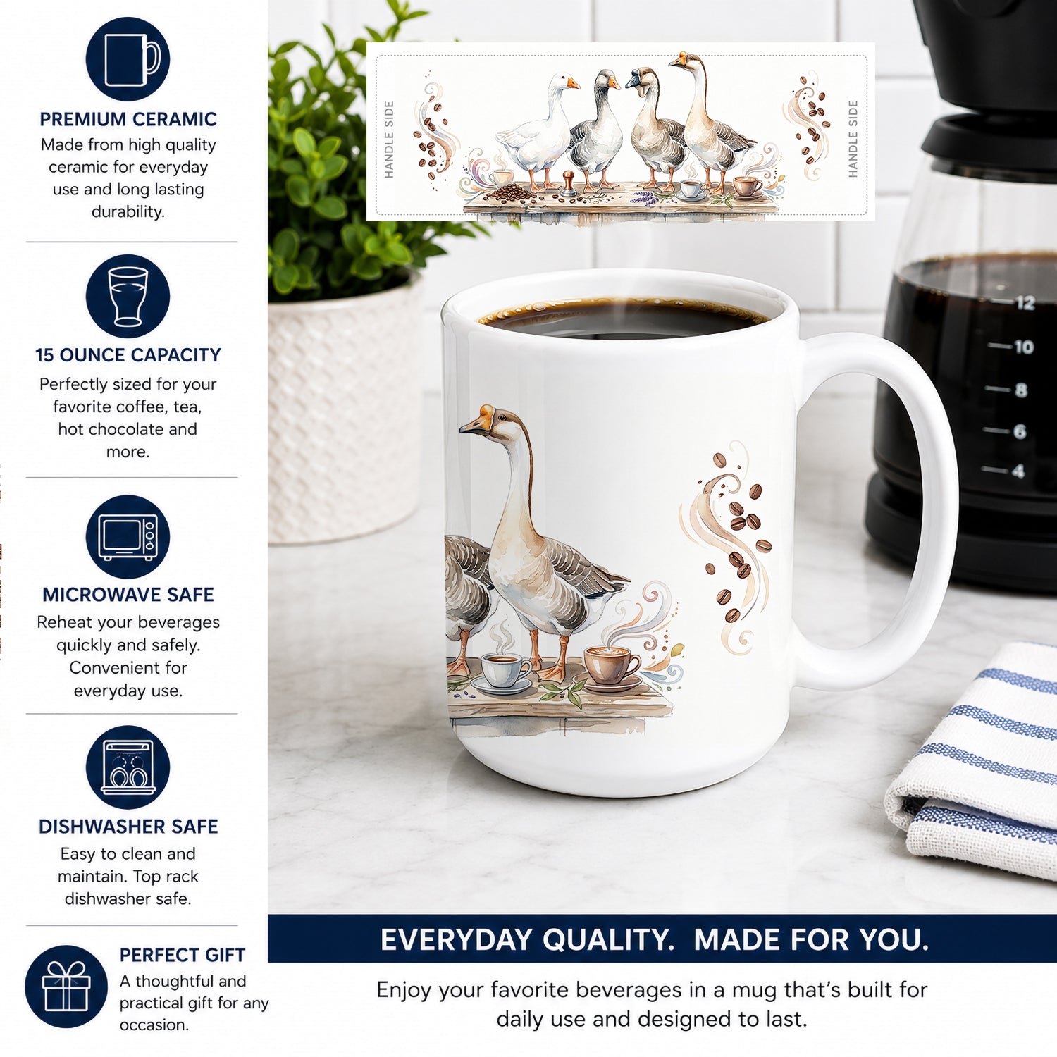 Geese Morning Coffee Ceramic Coffee Mug 15 oz Decorative Large C Handle Mug Cup for Tea, Cocoa Hot Chocolate