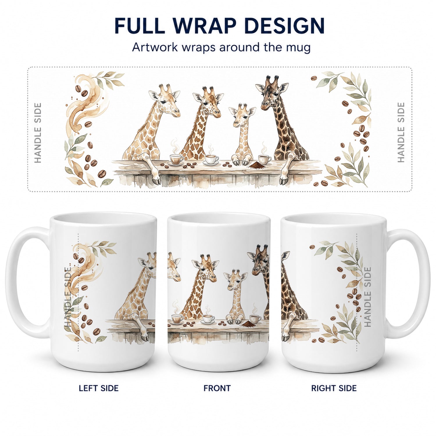 Giraffes Morning Coffee Ceramic Coffee Mug 15 oz Decorative Large C Handle Mug Cup for Tea, Cocoa Hot Chocolate