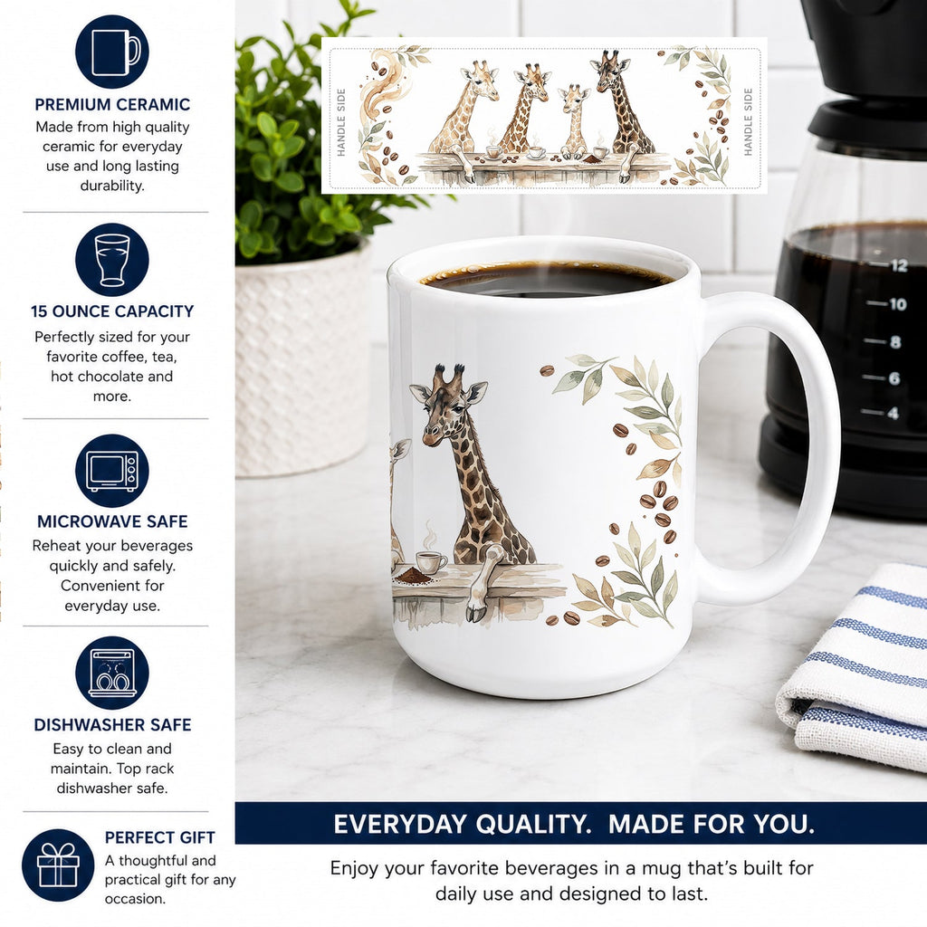 Giraffes Morning Coffee Ceramic Coffee Mug 15 oz Decorative Large C Handle Mug Cup for Tea, Cocoa Hot Chocolate