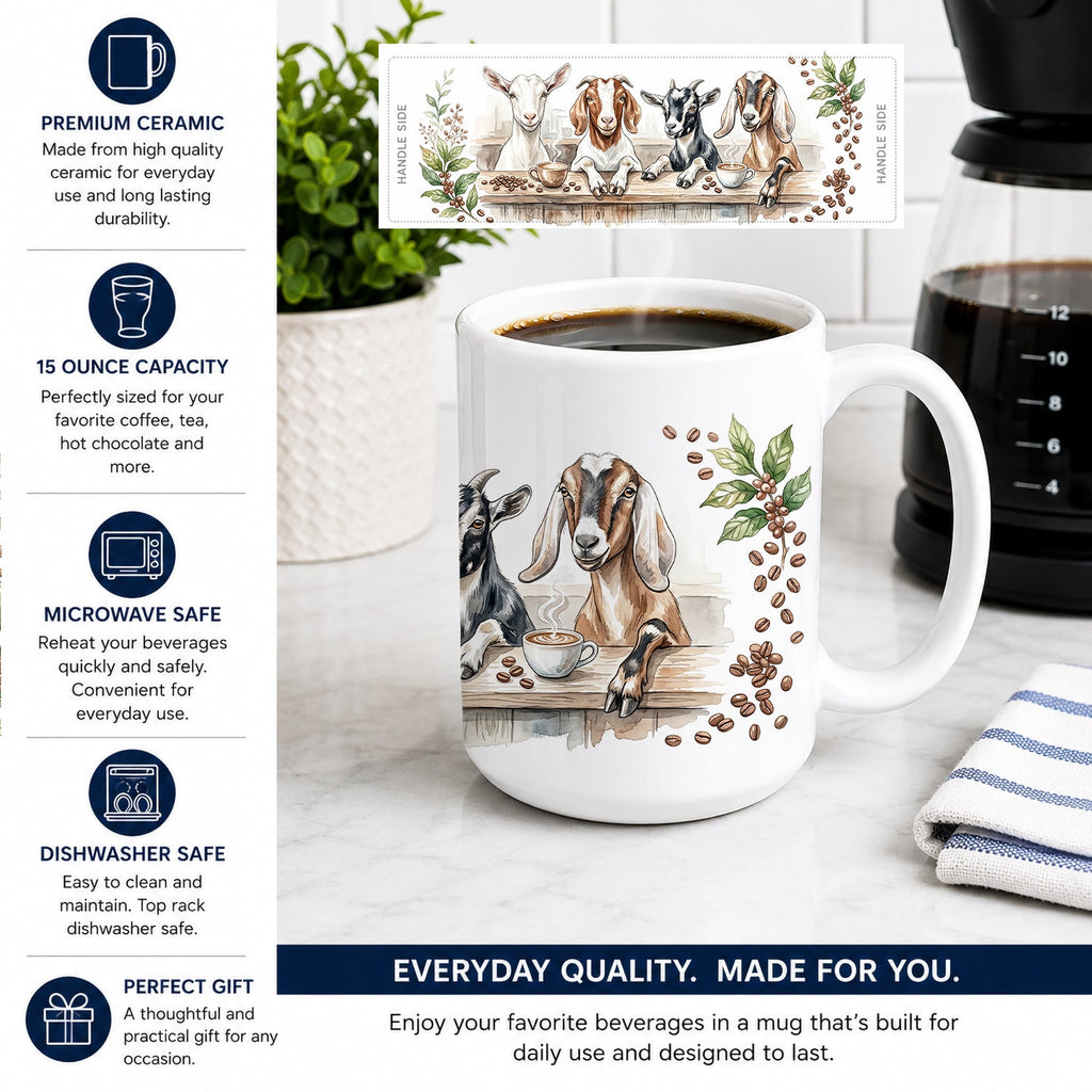 Goats Morning Coffee Ceramic Coffee Mug 15 oz Decorative Large C Handle Mug Cup for Tea, Cocoa Hot Chocolate