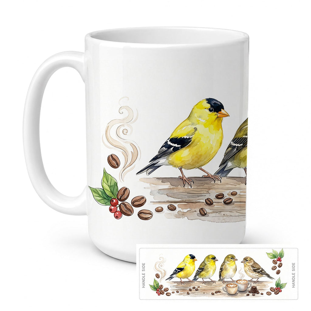 Goldfinches Morning Coffee Ceramic Coffee Mug 15 oz Decorative Large C Handle Mug Cup for Tea, Cocoa Hot Chocolate