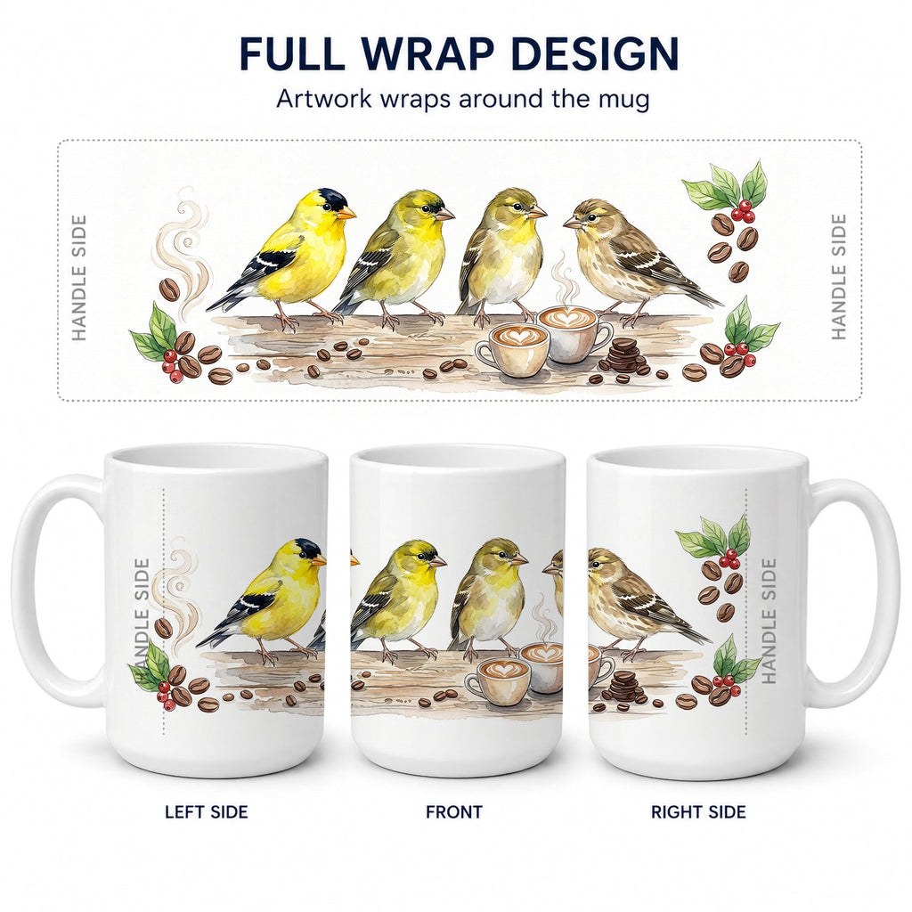Goldfinches Morning Coffee Ceramic Coffee Mug 15 oz Decorative Large C Handle Mug Cup for Tea, Cocoa Hot Chocolate