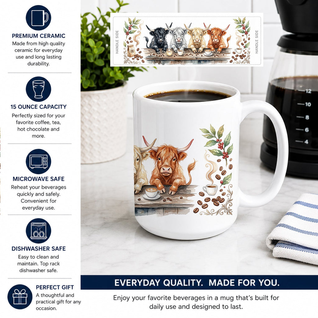 Highland Cattle Cow Morning Coffee Ceramic Coffee Mug 15 oz Decorative Large C Handle Mug Cup for Tea, Cocoa Hot Chocolate