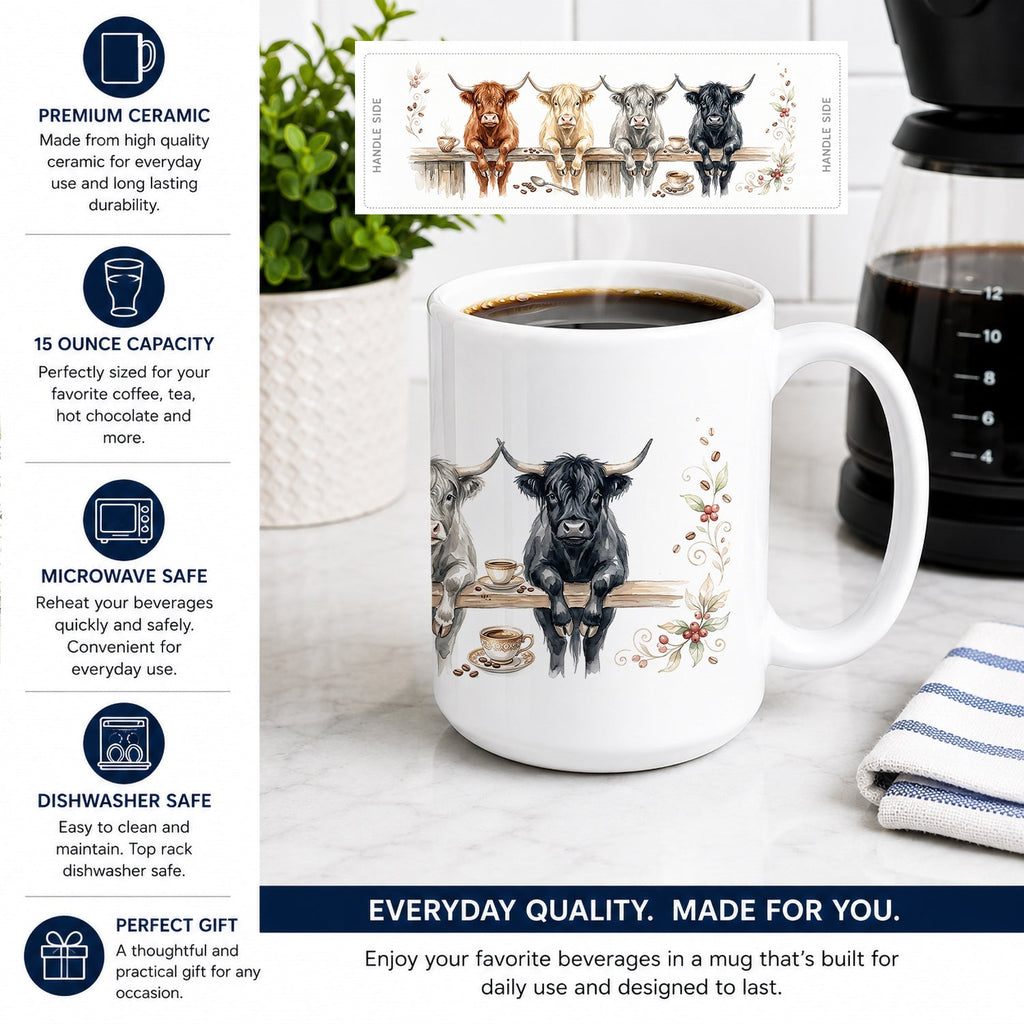 Highland Cattle Cow Morning Coffee Ceramic Coffee Mug 15 oz Decorative Large C Handle Mug Cup for Tea, Cocoa Hot Chocolate