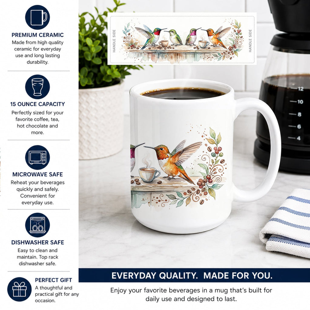 Hummingbirds Morning Coffee Ceramic Coffee Mug 15 oz Decorative Large C Handle Mug Cup for Tea, Cocoa Hot Chocolate