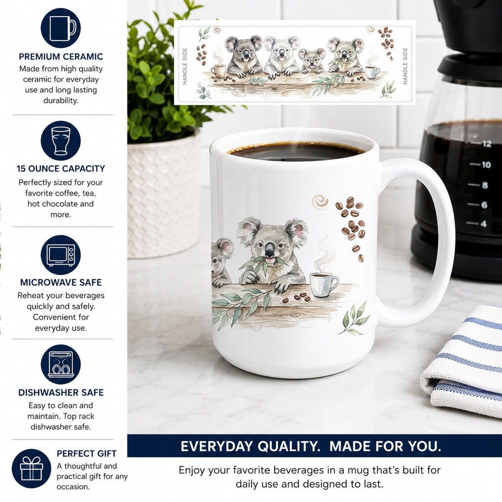 Koalas Morning Coffee Ceramic Coffee Mug 15 oz Decorative Large C Handle Mug Cup for Tea, Cocoa Hot Chocolate
