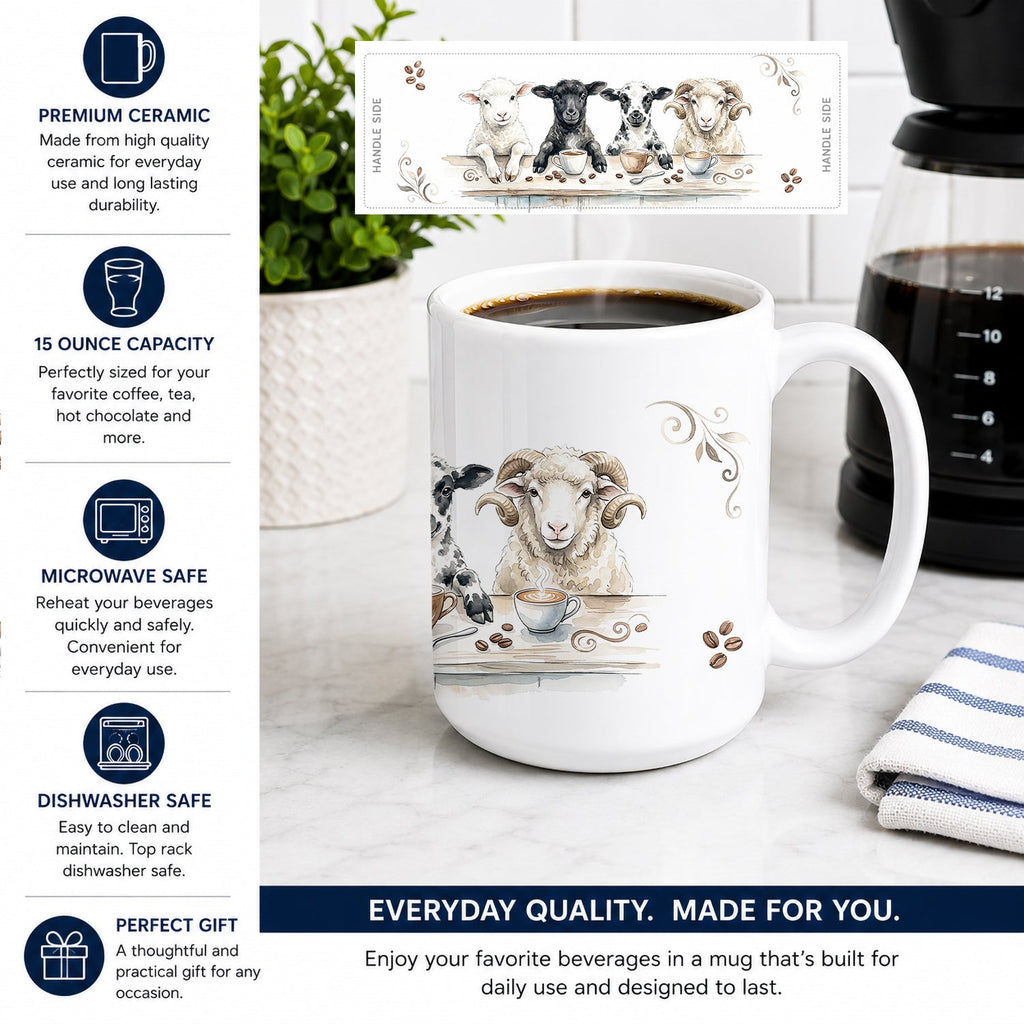 Lambs Morning Coffee Ceramic Coffee Mug 15 oz Decorative Large C Handle Mug Cup for Tea, Cocoa Hot Chocolate