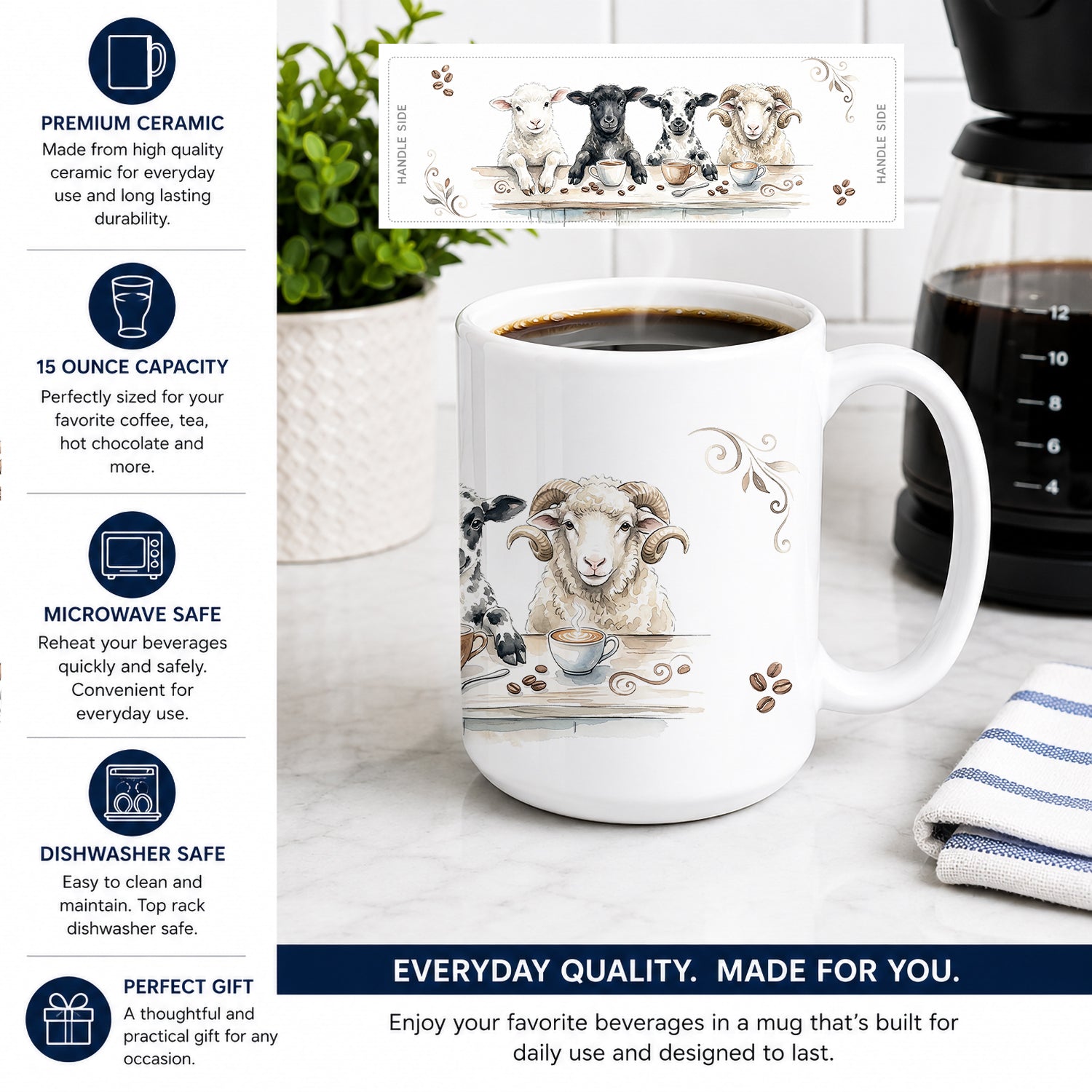 Lambs Morning Coffee Ceramic Coffee Mug 15 oz Decorative Large C Handle Mug Cup for Tea, Cocoa Hot Chocolate