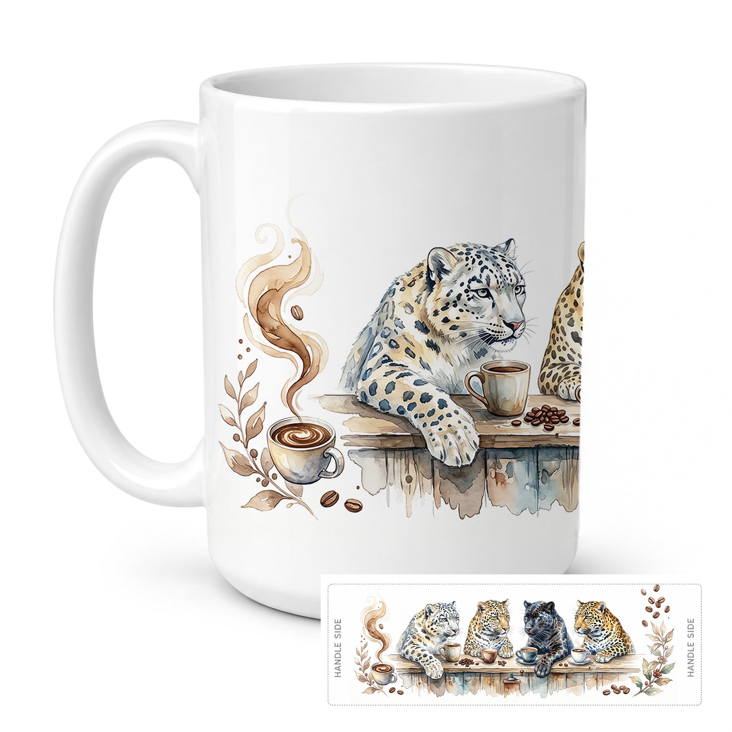 Leopards Morning Coffee Ceramic Coffee Mug 15 oz Decorative Large C Handle Mug Cup for Tea, Cocoa Hot Chocolate