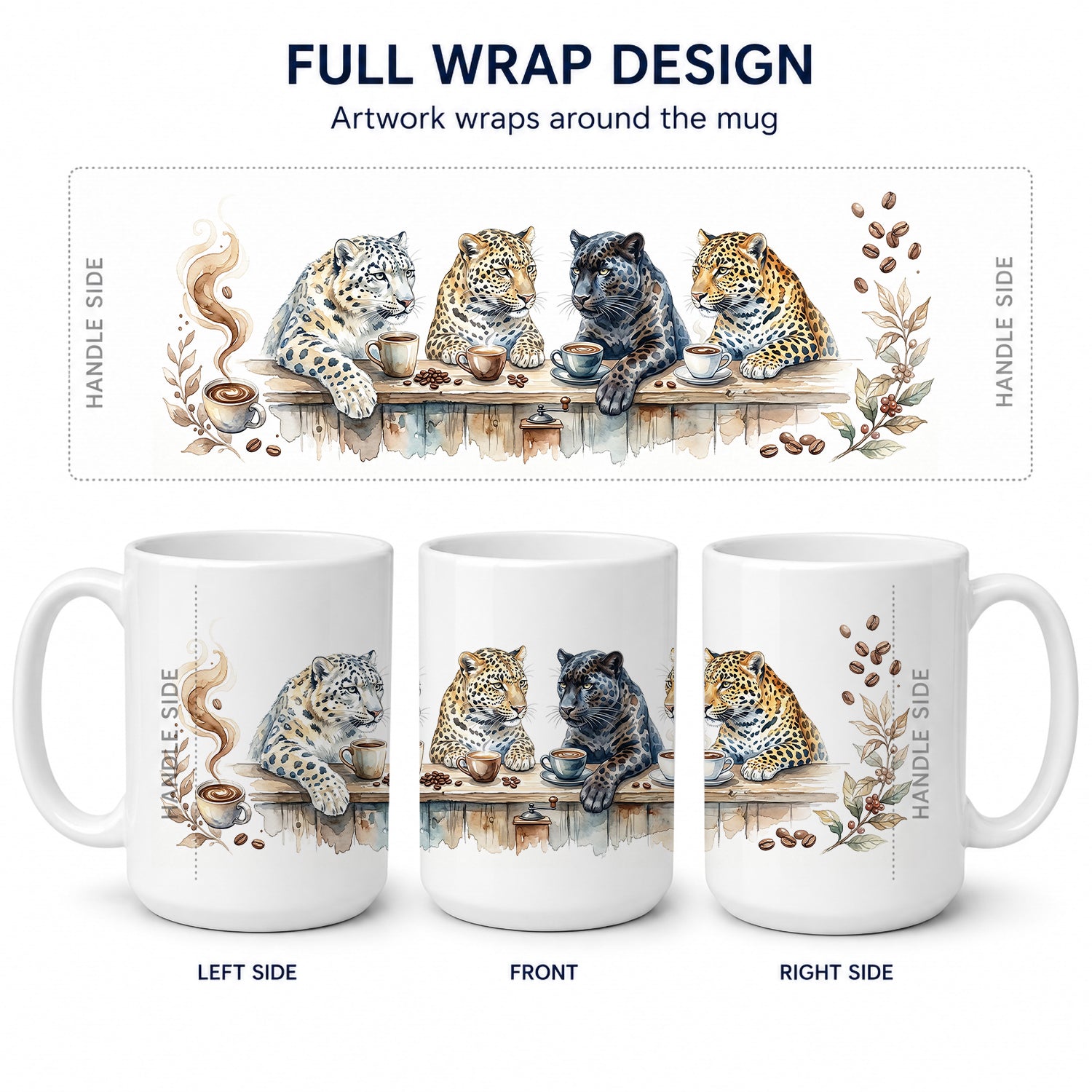 Leopards Morning Coffee Ceramic Coffee Mug 15 oz Decorative Large C Handle Mug Cup for Tea, Cocoa Hot Chocolate