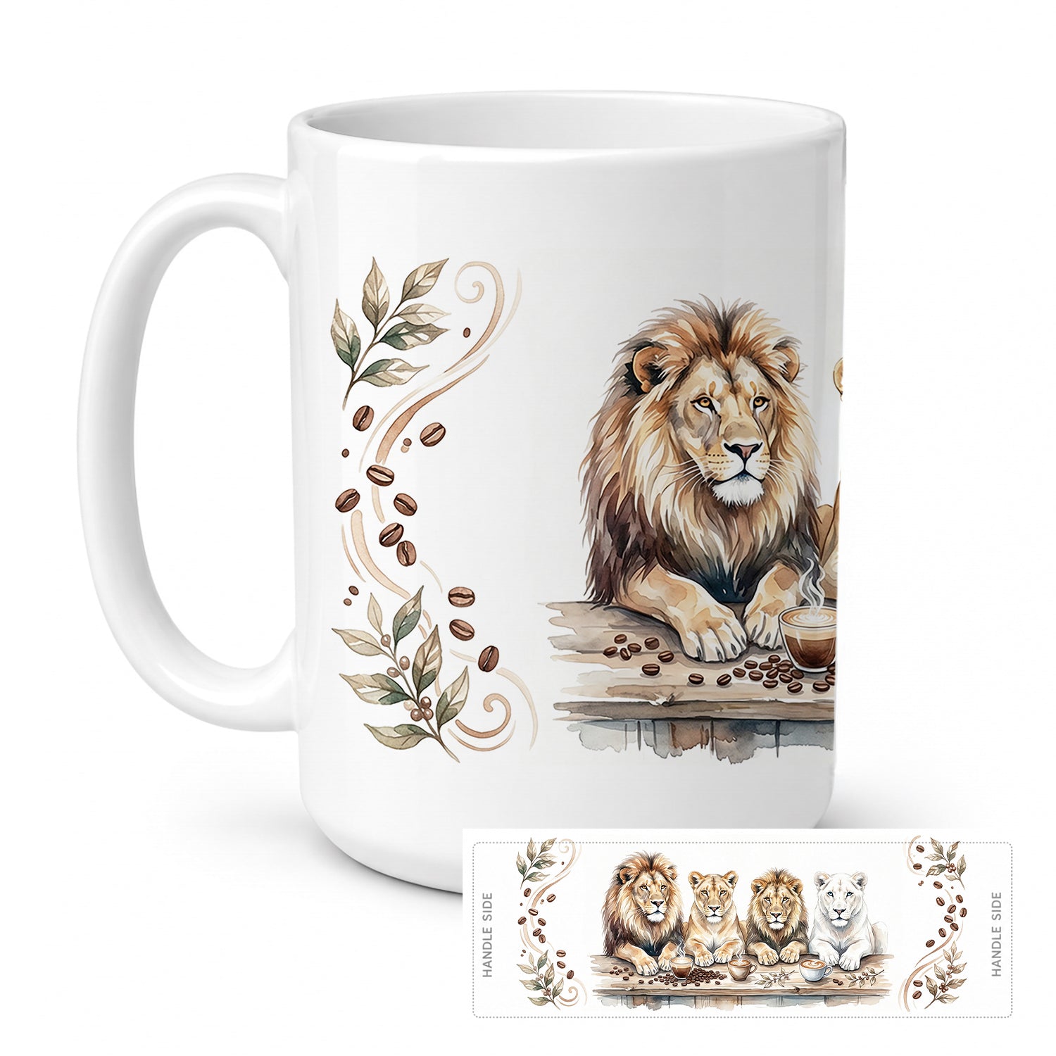 Lions Morning Coffee Ceramic Coffee Mug 15 oz Decorative Large C Handle Mug Cup for Tea, Cocoa Hot Chocolate