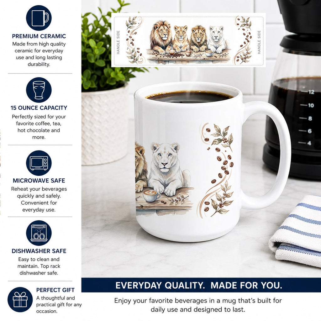 Lions Morning Coffee Ceramic Coffee Mug 15 oz Decorative Large C Handle Mug Cup for Tea, Cocoa Hot Chocolate