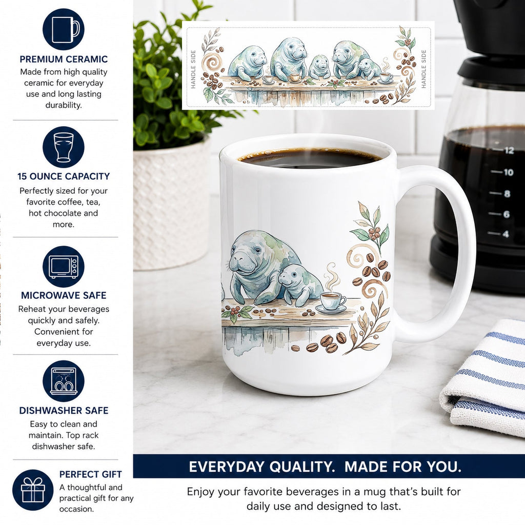 Manatees Morning Coffee Ceramic Coffee Mug 15 oz Decorative Large C Handle Mug Cup for Tea, Cocoa Hot Chocolate