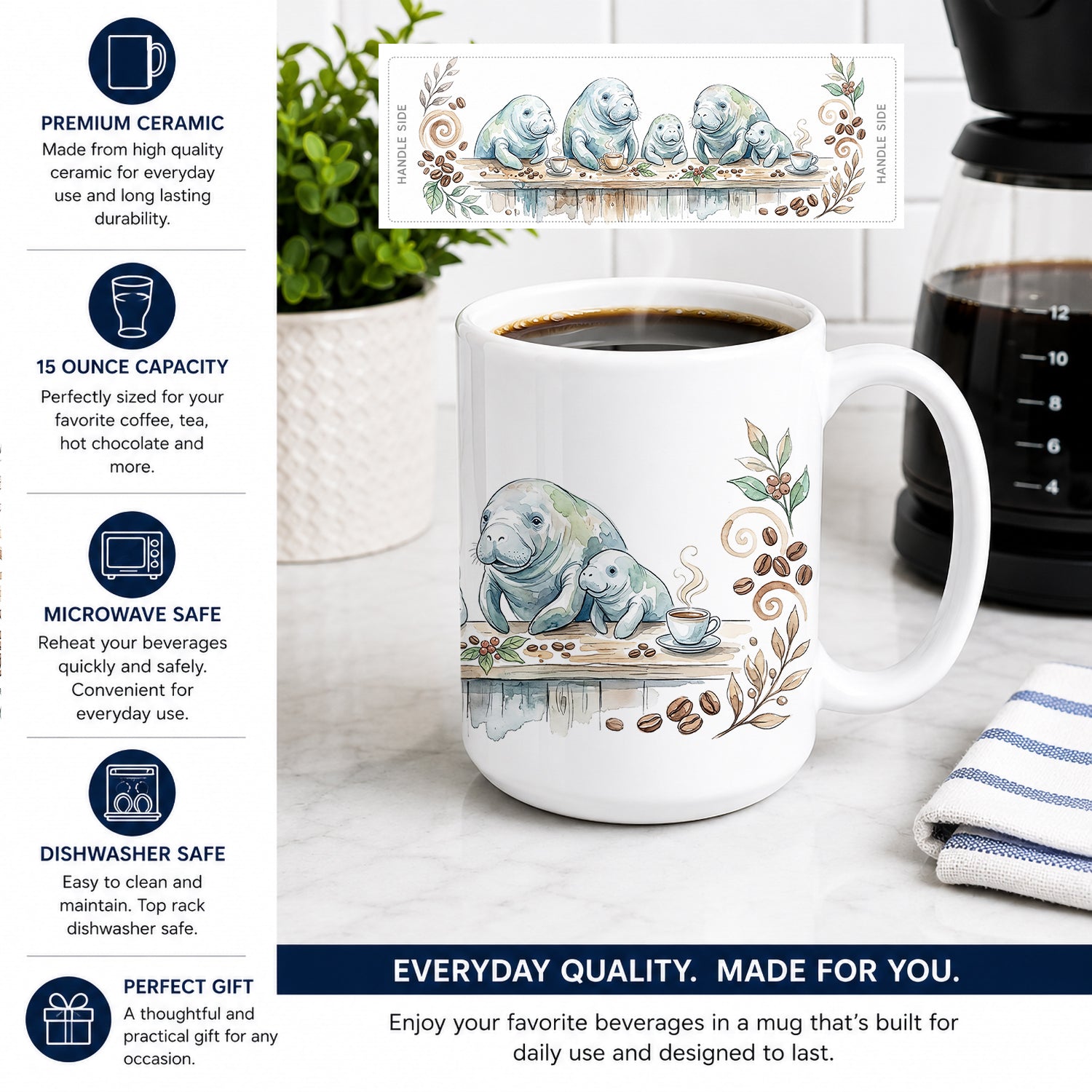 Manatees Morning Coffee Ceramic Coffee Mug 15 oz Decorative Large C Handle Mug Cup for Tea, Cocoa Hot Chocolate