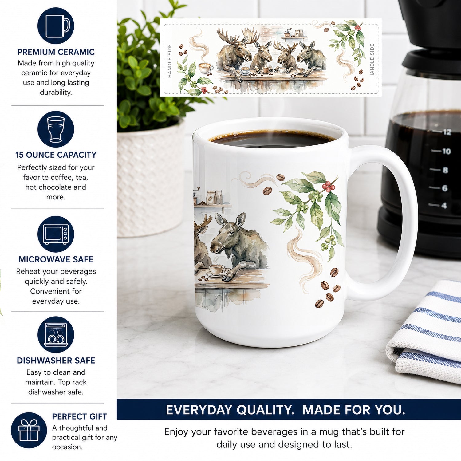 Moose Morning Coffee Ceramic Coffee Mug 15 oz Decorative Large C Handle Mug Cup for Tea, Cocoa Hot Chocolate