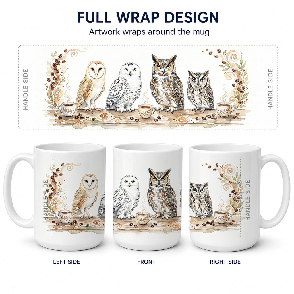 Owls Morning Coffee Ceramic Coffee Mug 15 oz Decorative Large C Handle Mug Cup for Tea, Cocoa Hot Chocolate