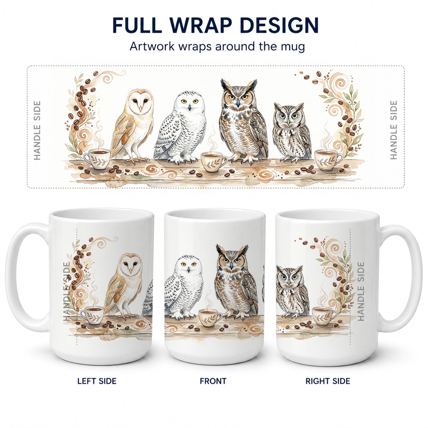 Owls Morning Coffee Ceramic Coffee Mug 15 oz Decorative Large C Handle Mug Cup for Tea, Cocoa Hot Chocolate