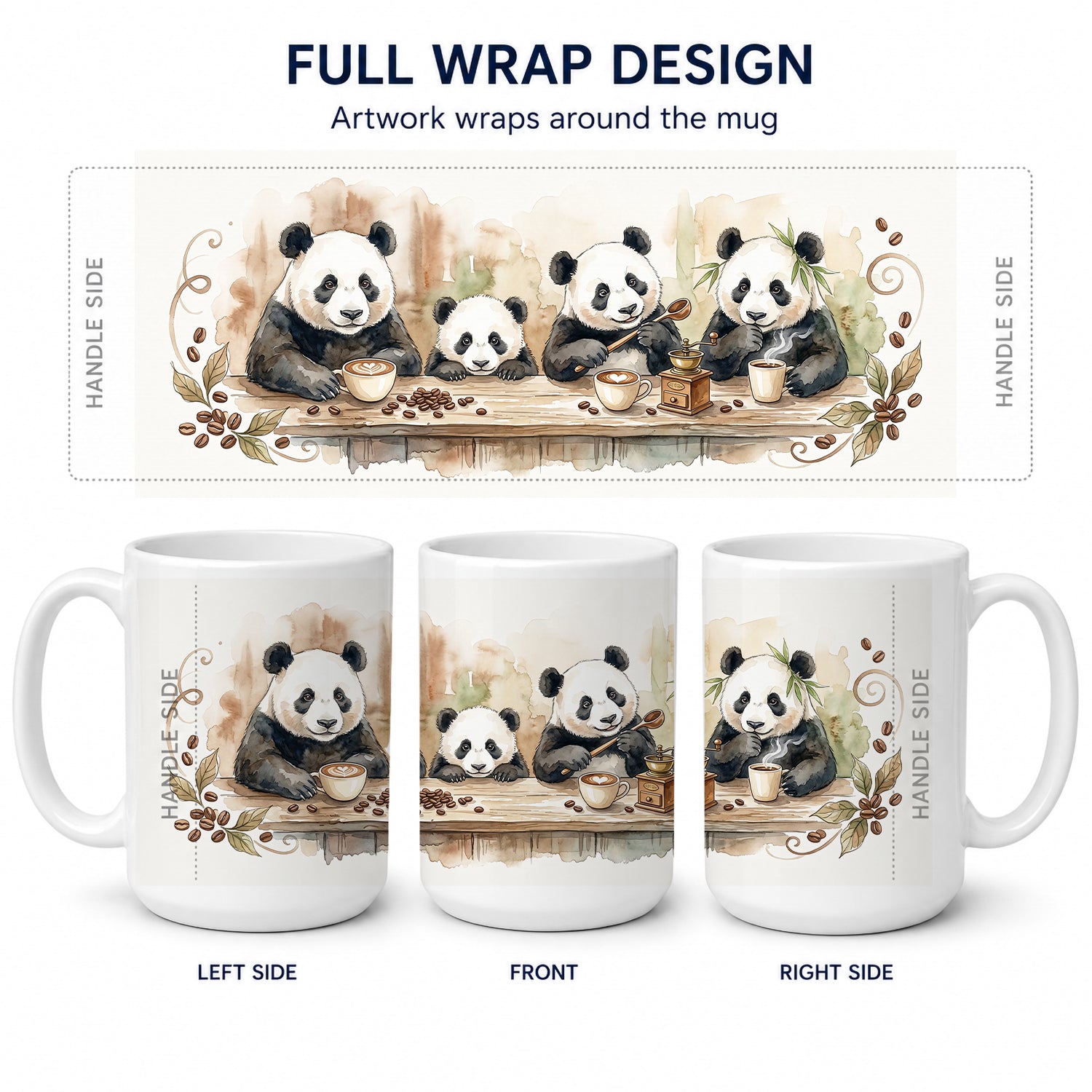 Pandas Morning Coffee Ceramic Coffee Mug 15 oz Decorative Large C Handle Mug Cup for Tea, Cocoa Hot Chocolate