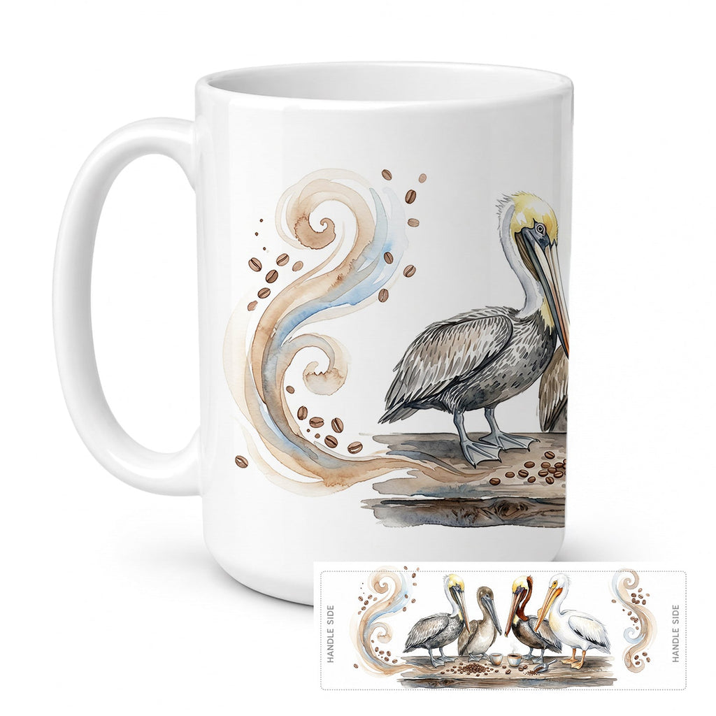 Pelicans Morning Coffee Ceramic Coffee Mug 15 oz Decorative Large C Handle Mug Cup for Tea, Cocoa Hot Chocolate