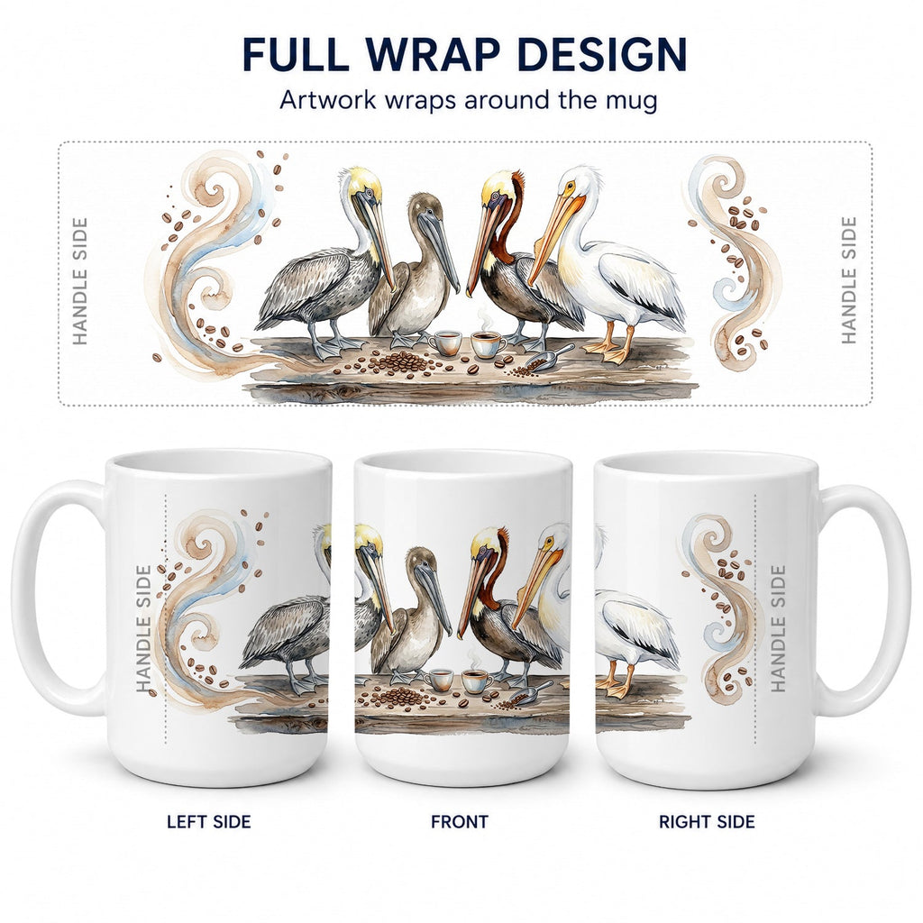 Pelicans Morning Coffee Ceramic Coffee Mug 15 oz Decorative Large C Handle Mug Cup for Tea, Cocoa Hot Chocolate