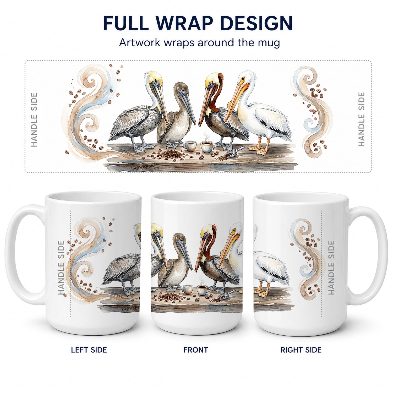 Pelicans Morning Coffee Ceramic Coffee Mug 15 oz Decorative Large C Handle Mug Cup for Tea, Cocoa Hot Chocolate