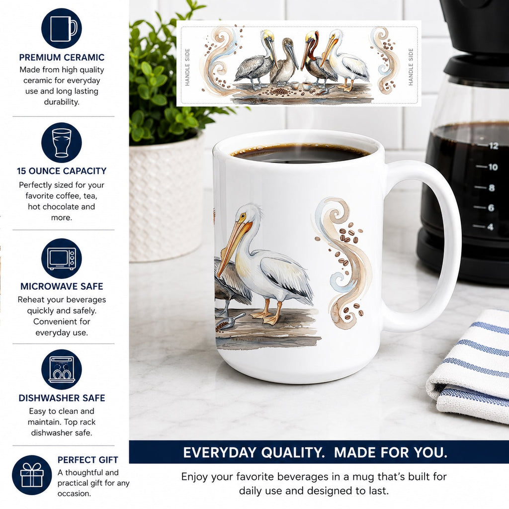Pelicans Morning Coffee Ceramic Coffee Mug 15 oz Decorative Large C Handle Mug Cup for Tea, Cocoa Hot Chocolate