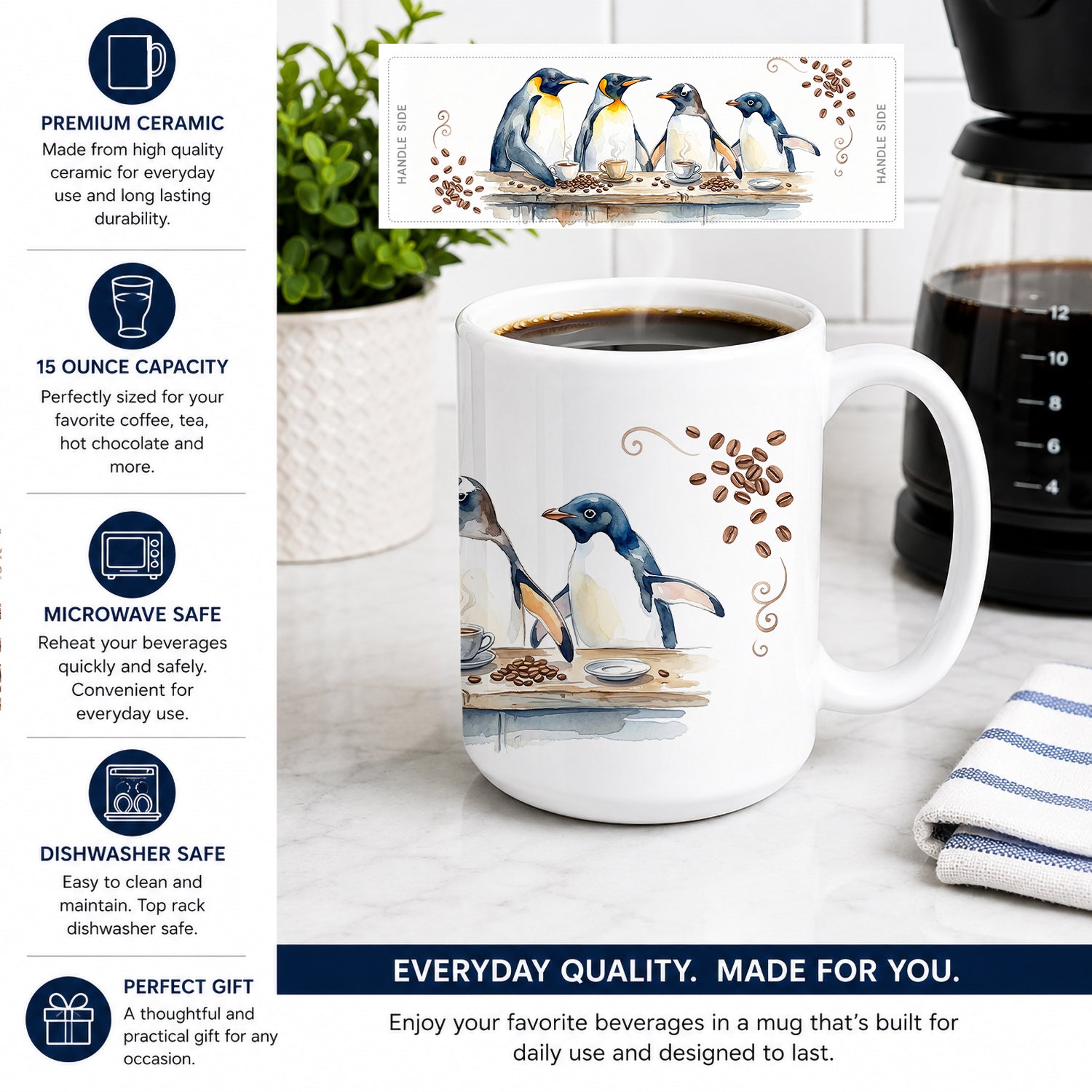 Penguins Morning Coffee Ceramic Coffee Mug 15 oz Decorative Large C Handle Mug Cup for Tea, Cocoa Hot Chocolate